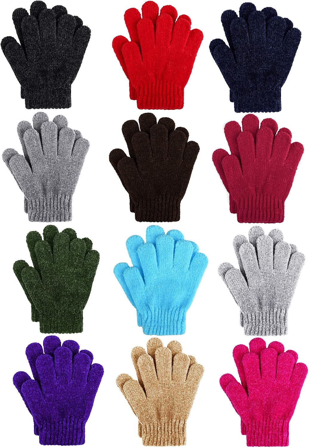 Cooraby 12 Pairs Kids Warm Gloves Chenille Cashmere Stretchy Knitted Gloves for Boys Girls