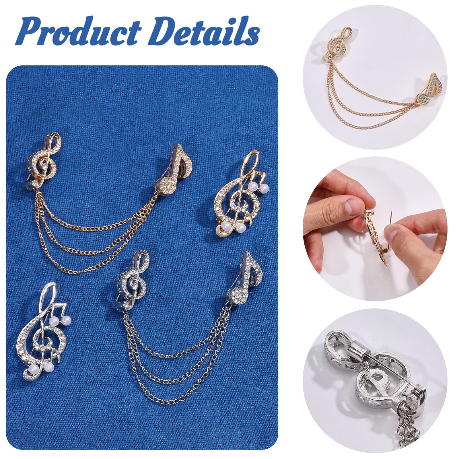 Set di 4 spille a forma di nota musicale, per donne e uomini, con strass di cristallo, con catena di perle, per camicia, cravatta, cappello e sciarpa