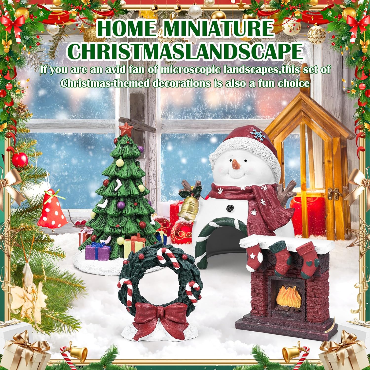 4Pcs Christmas Aquarium Decorations,Resin Snowmen Figurines Aquarium Fireplace Decoration Package,Resin Wreath,Christmas Tree for Holiday Fish Tank Supplies Table Decor