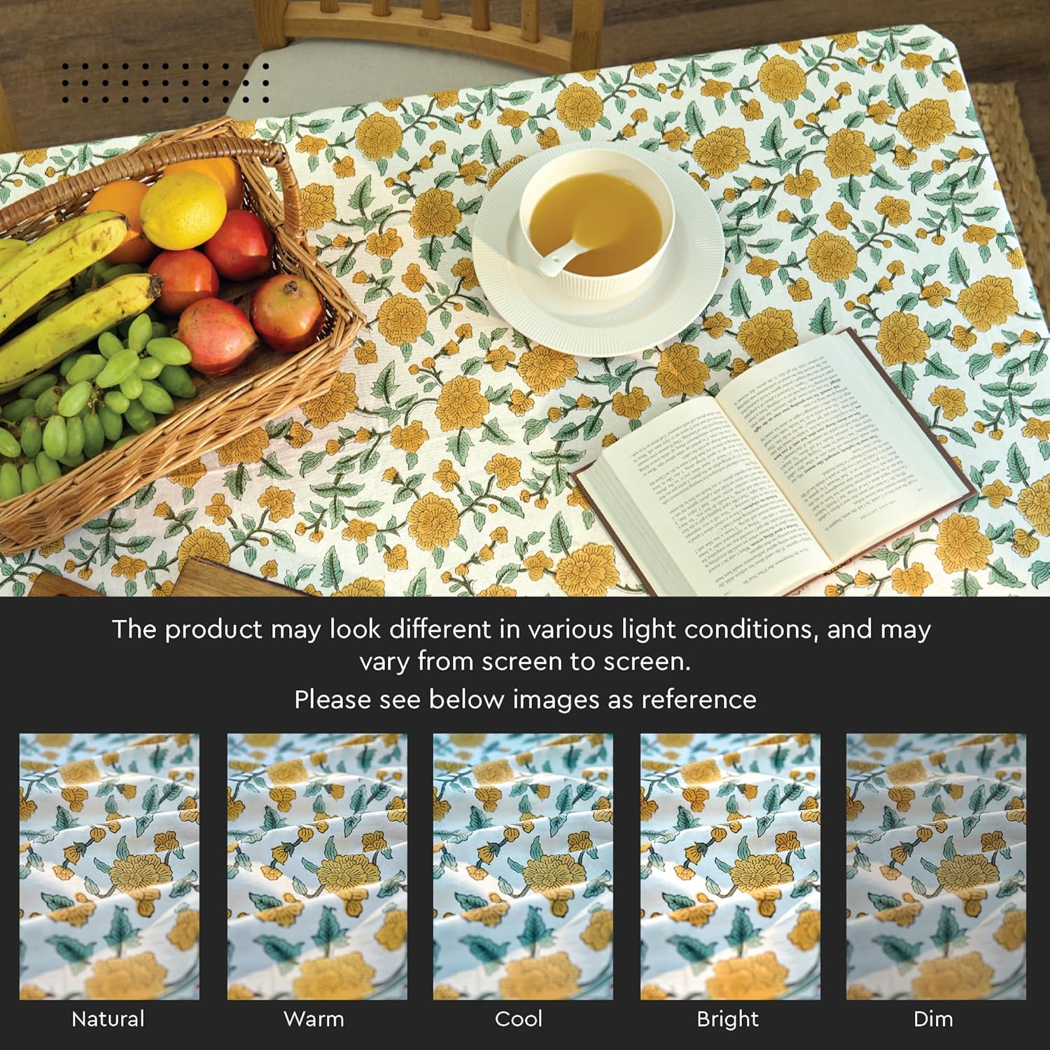 Encasa XO Rectangular Tablecloth 60"x90" 7.5 ft Yellow Jaipuri Block Print Cotton Dining Table Cloth | Handcrafted Floral tablecloths – Machine Washable for Indoor, Outdoor, Everyday Use