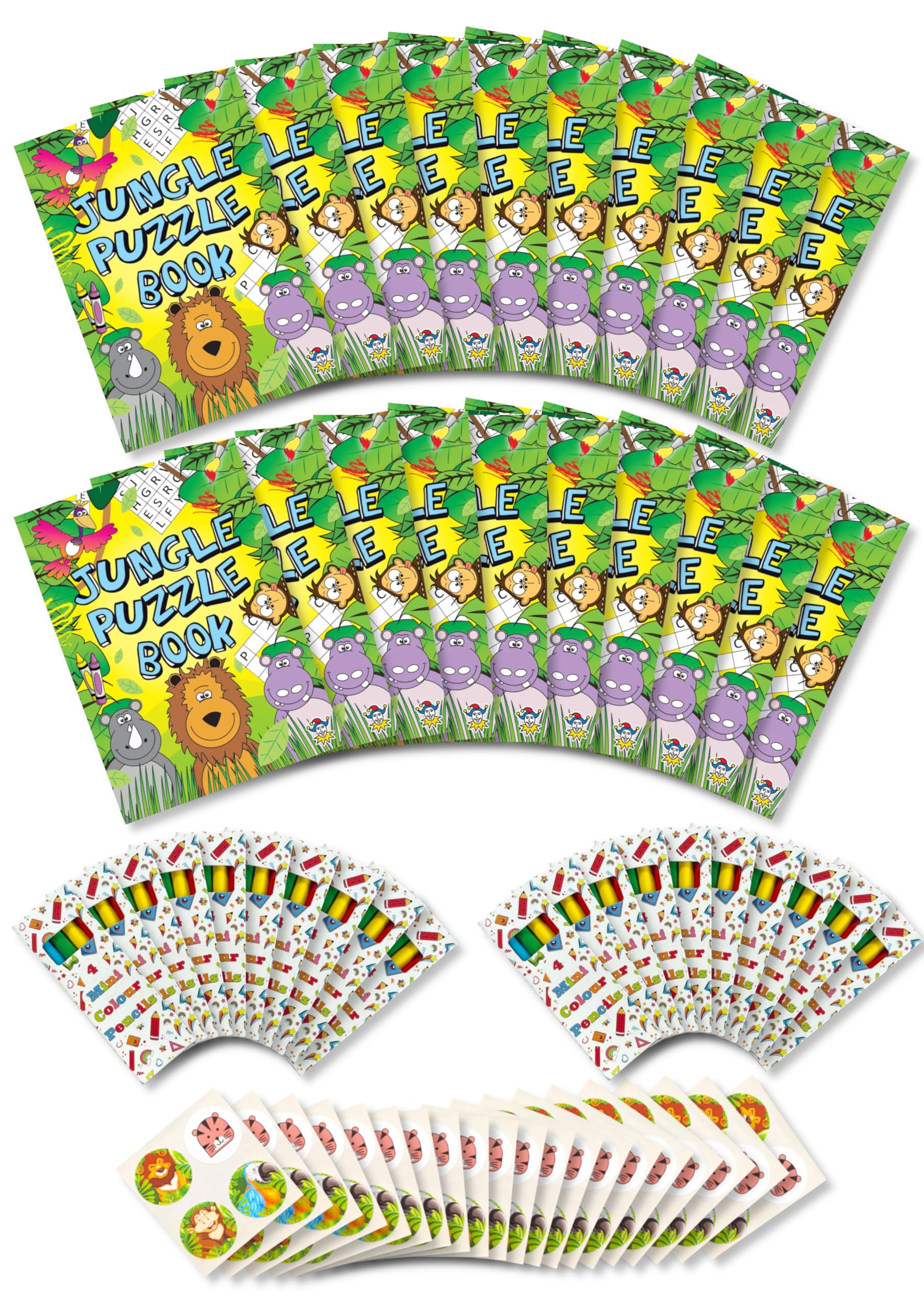 Anila's Assortment of 20 Jungle Themed Activity Books with colouring & Puzzles, 20 Sheets of Stickers & 20 Pencils, Children Birthday Party Favours Bag Fillers, School Classrooms. — image 1