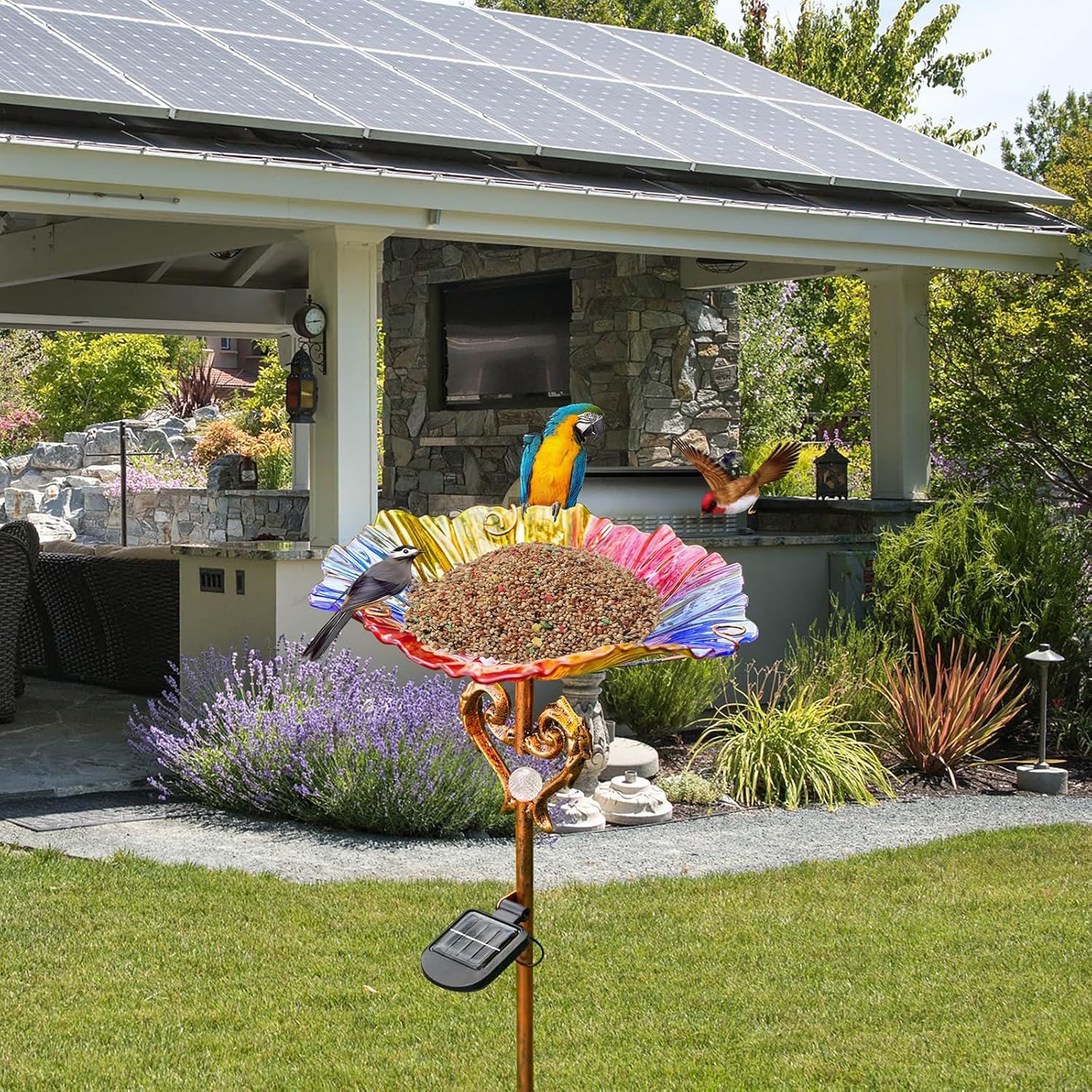 Garden Decor Gifts Solar Glass Blue Bird Bath Yard Art Garden Outdoor Birdbath with Metal Stake with White LED Light Metal Stake Garden for Women