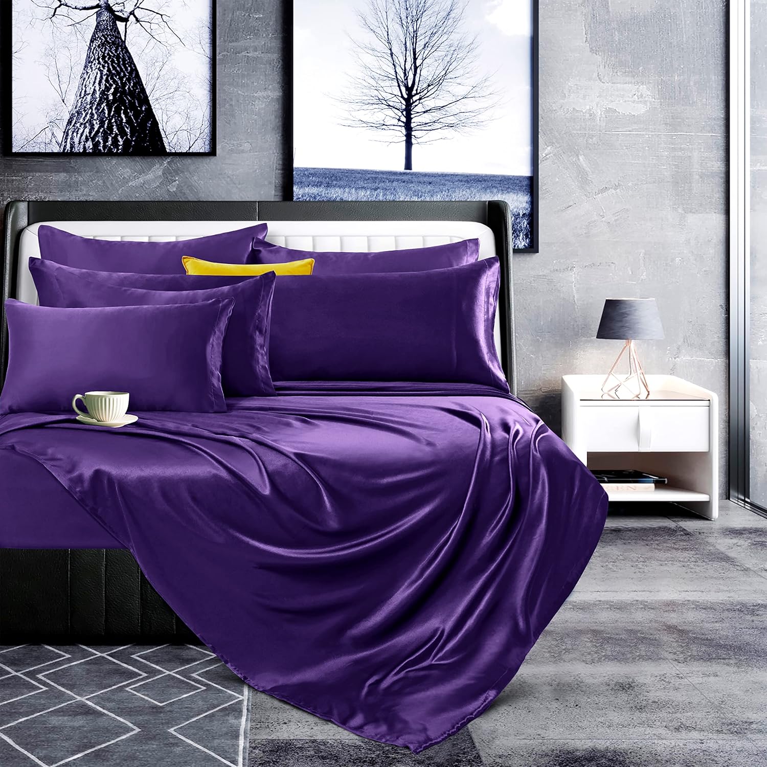 Manyshofu 7Pcs Dark Purple Satin Sheets King Size - Luxurious & Soft Satin Bedding Set - 1 Fitted Sheet, 1 Flat Sheet, 4 Pillowcases + 1 Body Pillowcase
