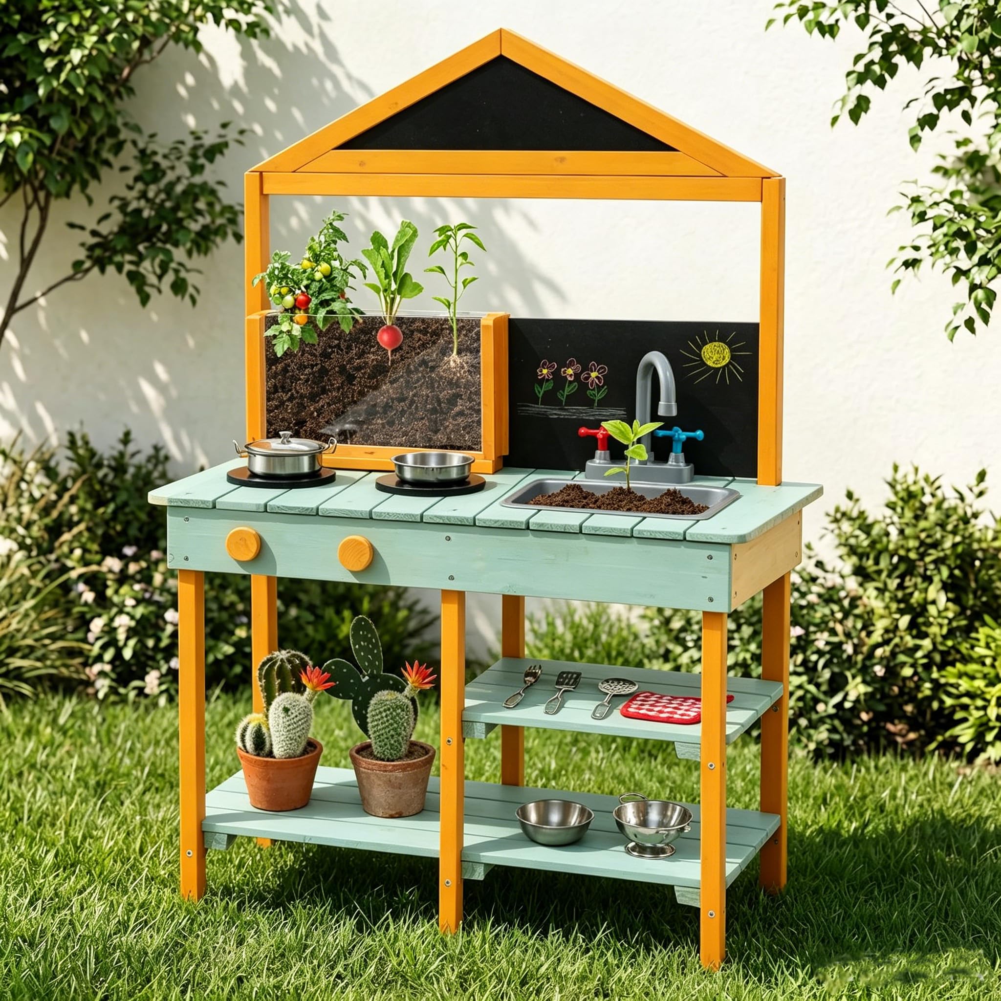 DREAMADE Matschküche Kinder Outdoor, Kinderküche Tannenholz, Spielküche mit Wasserhahn, Waschbecken, Herd, Tafel & Pflanzenbetrachter, Outdoor Küche inkl. 8 TLG. Zubehör für Kinder ab 3 Jahren (Grün)