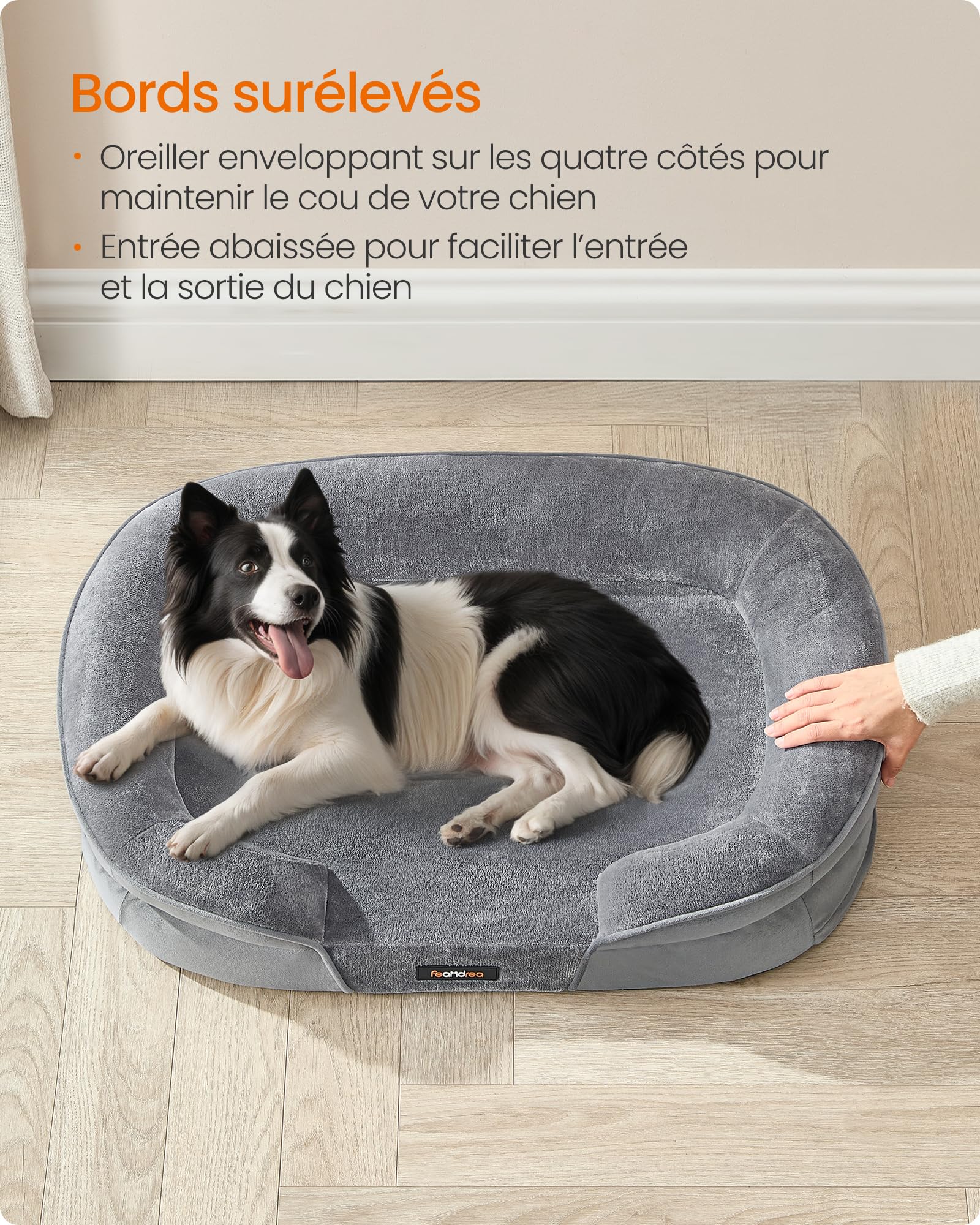 Feandrea Panier pour Chien de Taille Grande, 91 x 68 x 18 cm, Orthopédique, Mousse Alvéolée, Doublure Hydrofuge, Bords Surélevés, Housse Amovible et Lavable, Antidérapant, Gris Clair PGW282G01