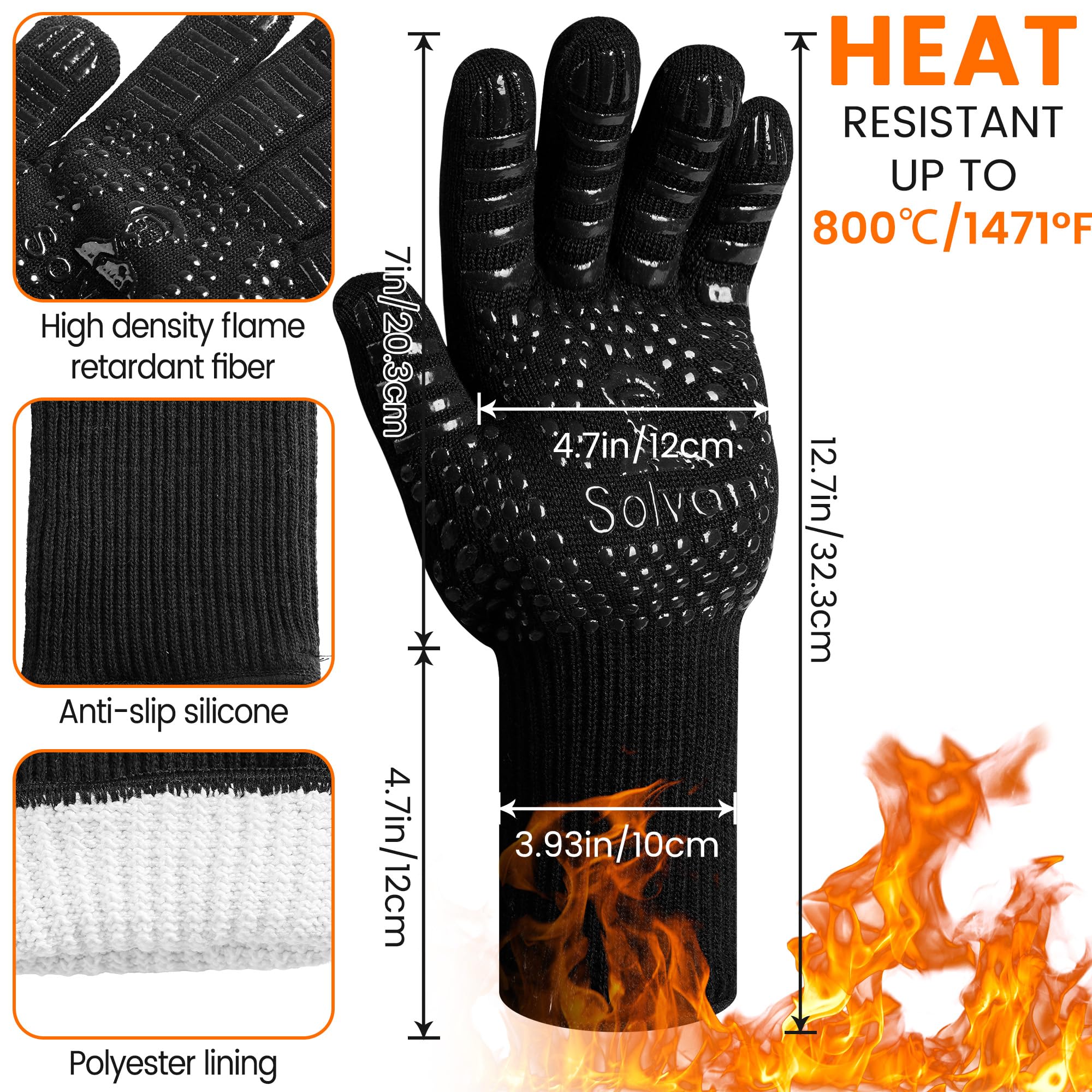Skythrive Grillhandschuhe Hitzebeständig 800°C | Ofenhandschuhe Mit Anti-Rutsch Silikon Schwarz