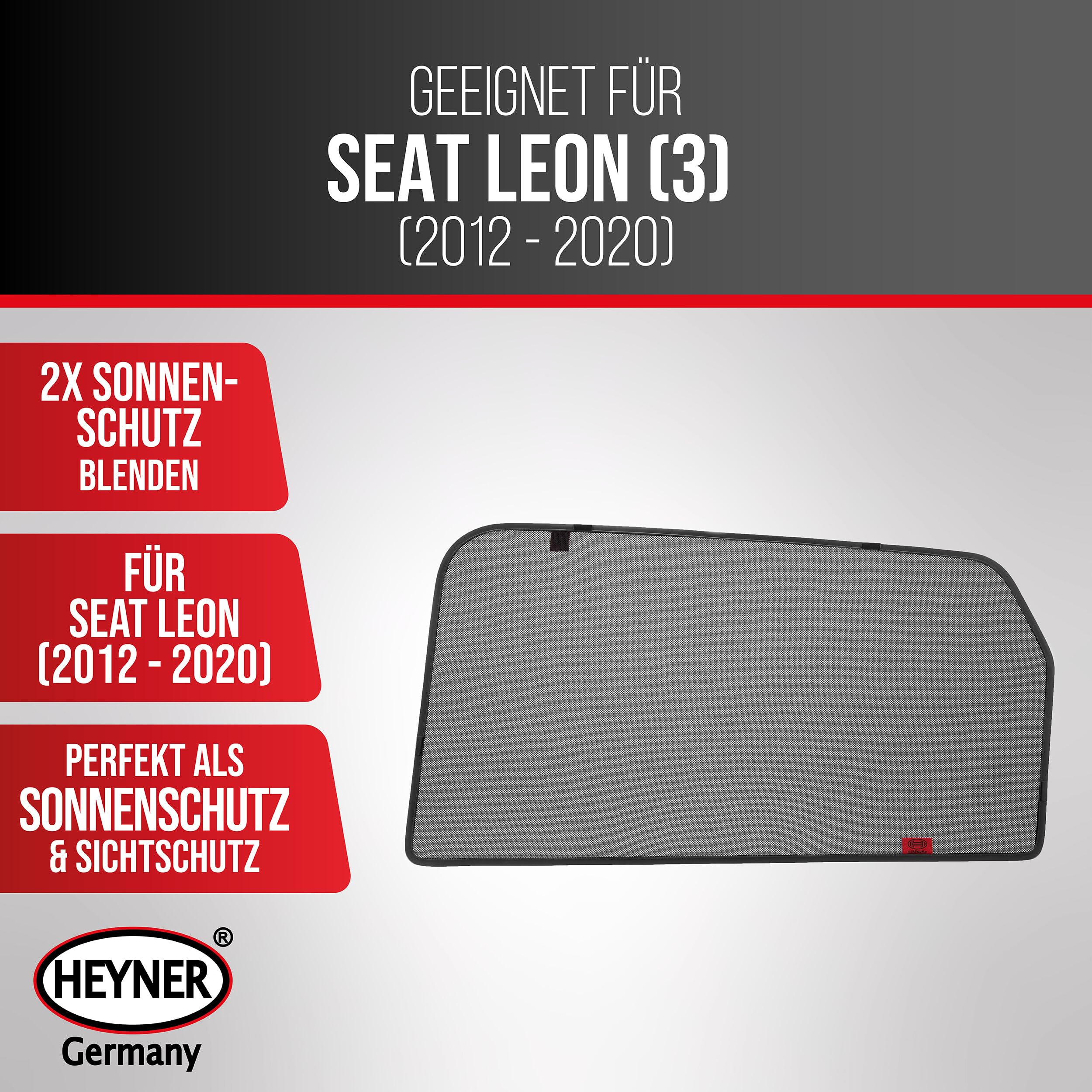 HEYNER® Sonnenschutz Magnethalterung Seat Leon (3) ab 2012 – 2er Set für hintere Türen, passgenau, grau, gummierter Rahmen