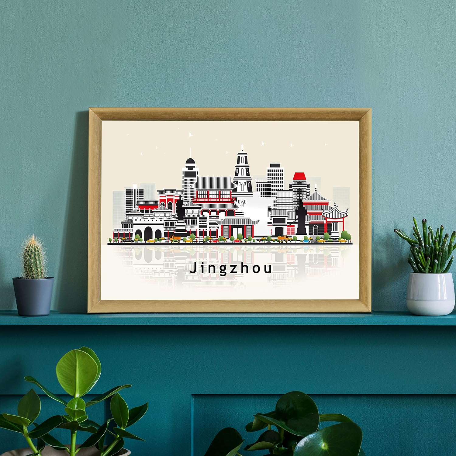Pera Print Jingzhou Poster, China Illustration Skyline City Poster, Modern Skyline Jingzhou Poster, Cityscape and Landmark Print, Home-Office Wall Art Decoration - 12x18 Inches