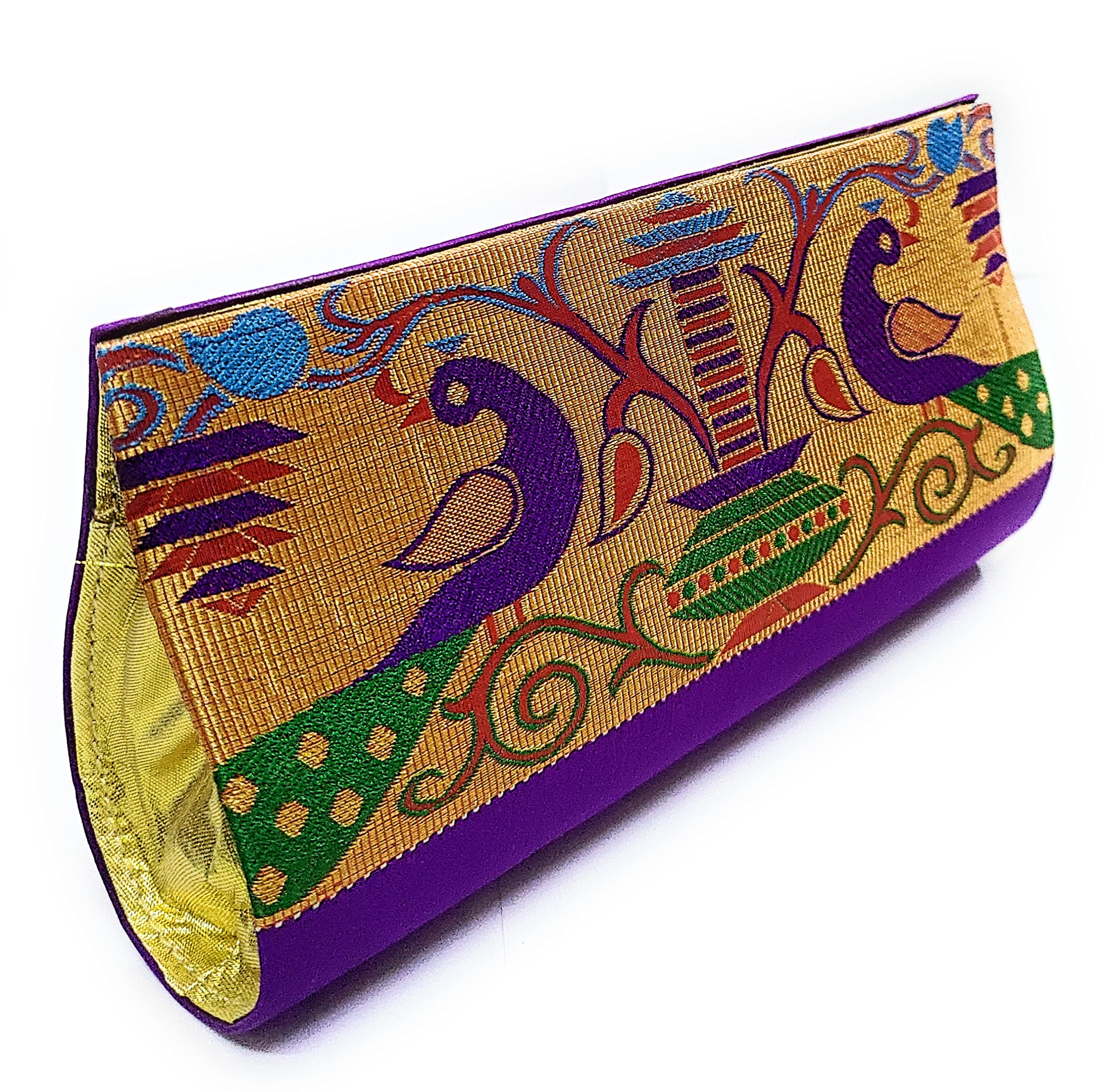 Paithani Clutch Purse with Chain Sling - Ethnic & Traditional Woven from Semi Paithani Silk - Boat shaped Magnetic snap Box Purse (22 x 12 x 5 cm)-image-32