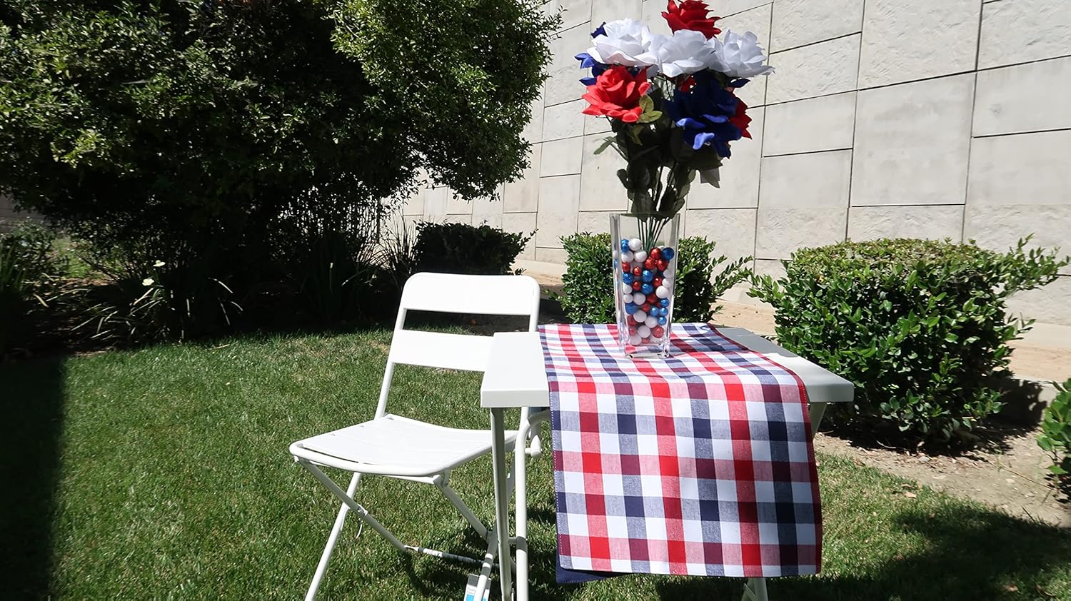 Admired by Nature 12 Stem Artificial Flowers Roses Bloom Bush Spring Faux Flower Arrangement for Outdoor & Indoor Wedding Home Decor, Cemetery Decorations for Grave, Summer Flowers Red White Blue