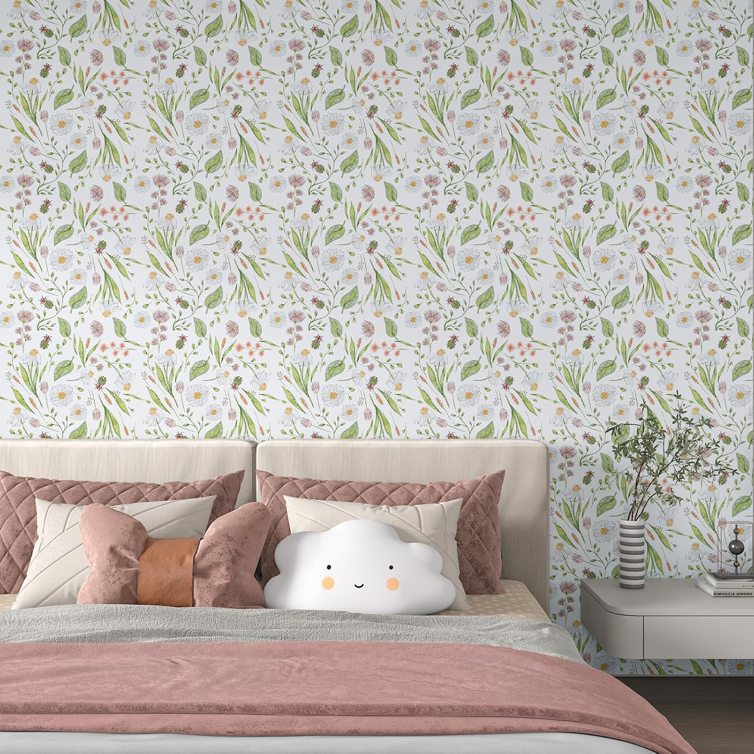 Botanical Peel and Stick Wallpaper, 12"x100" Removable Self Adhesive Vinyl Film with White Daisy Pink Flower Beetles Green Leaf Wallpaper, Floral Contact Paper for Cabinets Drawers DIY