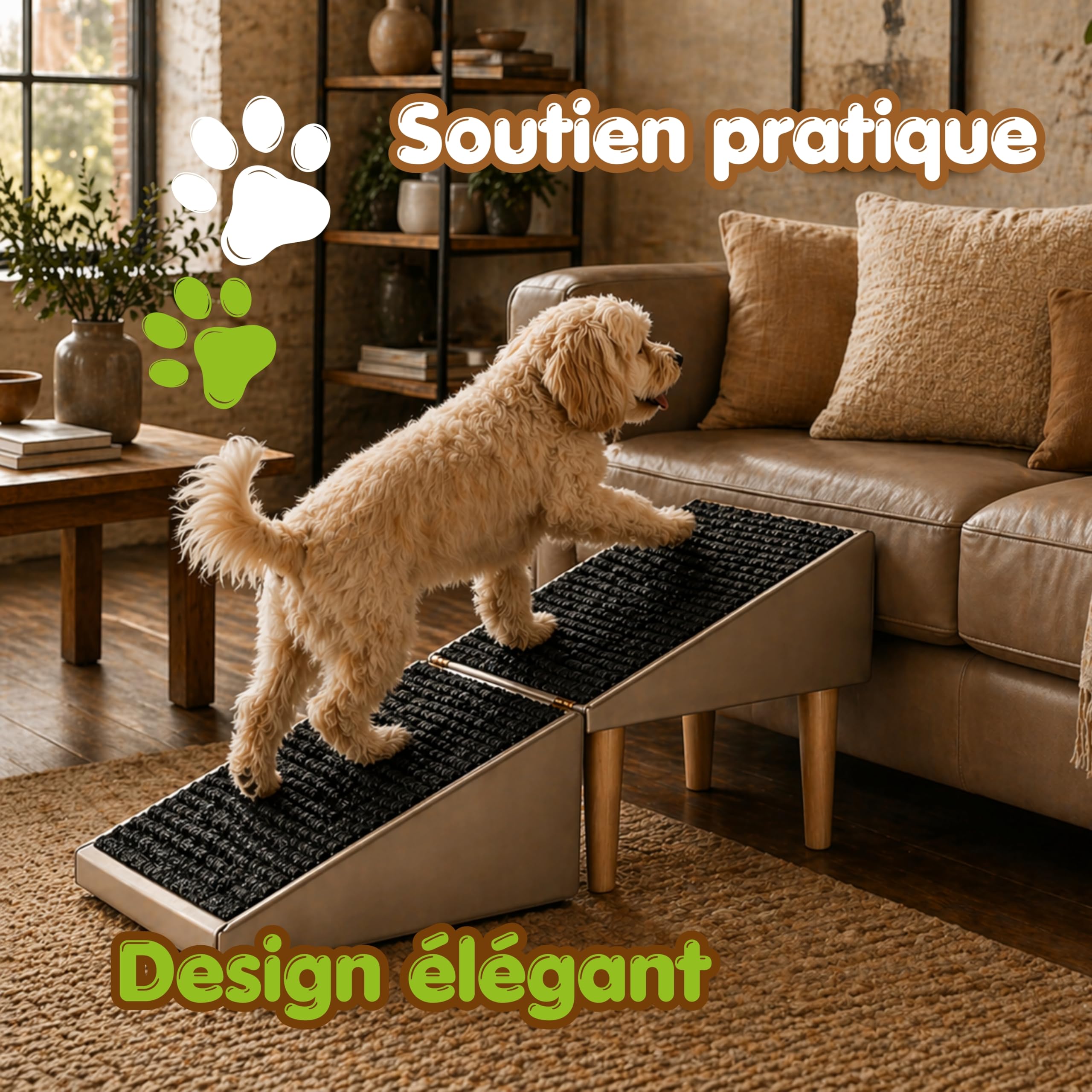 Siège & Escalier pour Chien Antidérapant 2 en 1 – Rampe et Marches pour Chiens & Chats Âgés – Marche ou Fauteuil – Mobilier Pliable et Esthétique pour Intérieur - 36 cm de Hauteur, Effet Cuir, Beige