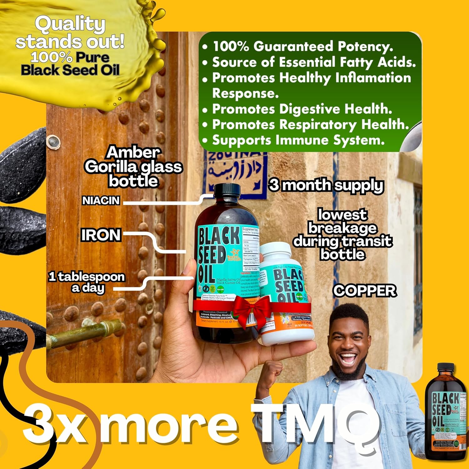 Premium Black Seed Oil Liquid 16 oz - Sugar Free 3 Month Supply Antioxidant Turkish Black Cumin Seed Oil - 3X Thymoquinone First Cold Press Vegan, Halal, Sweet Sunnah