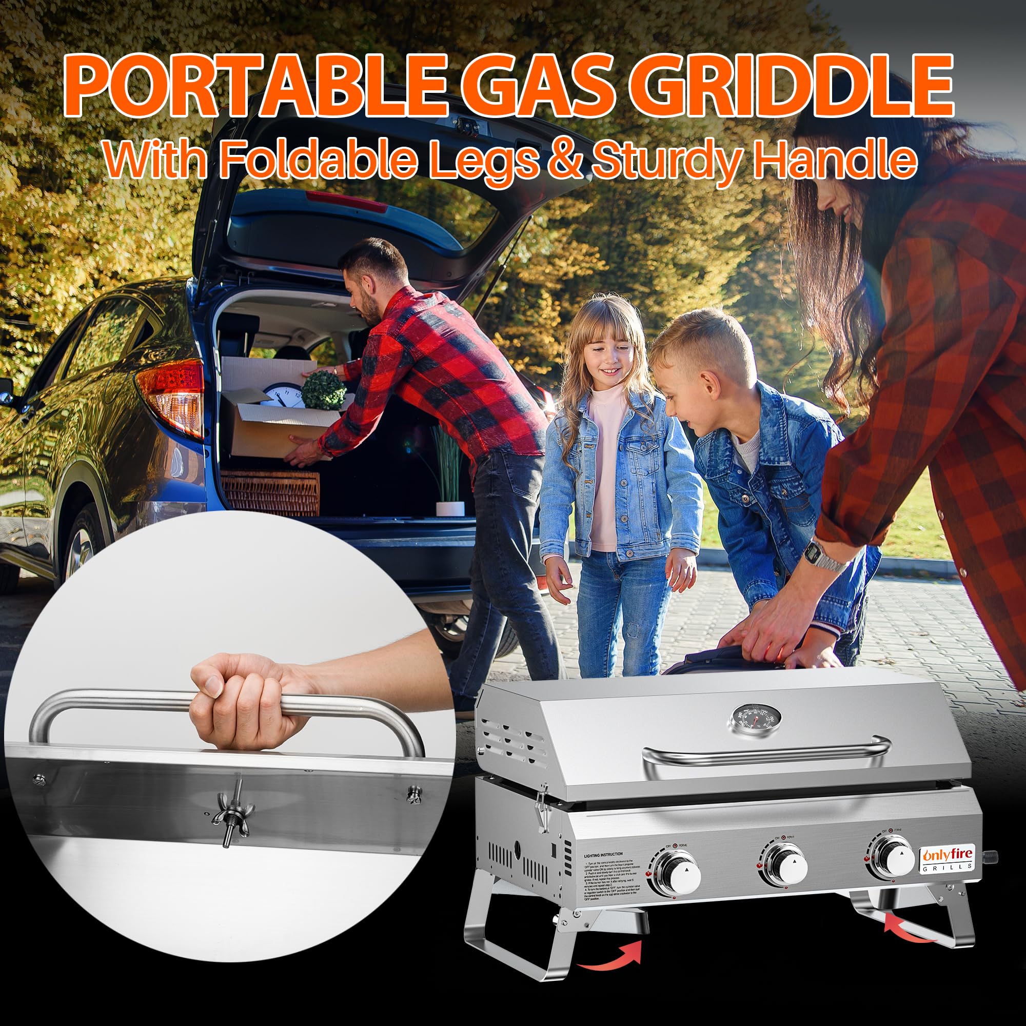 Onlyfire Tischgasgrill mit 3 Brenner | Edelstahl Plancha Gasgrill | mit Deckel, Grillplatte, Thermometer | Grillfläche 57 x 36 cm | Keramische Lackbeschichtung | BBQ Camping | Tragbarer Balkongrill