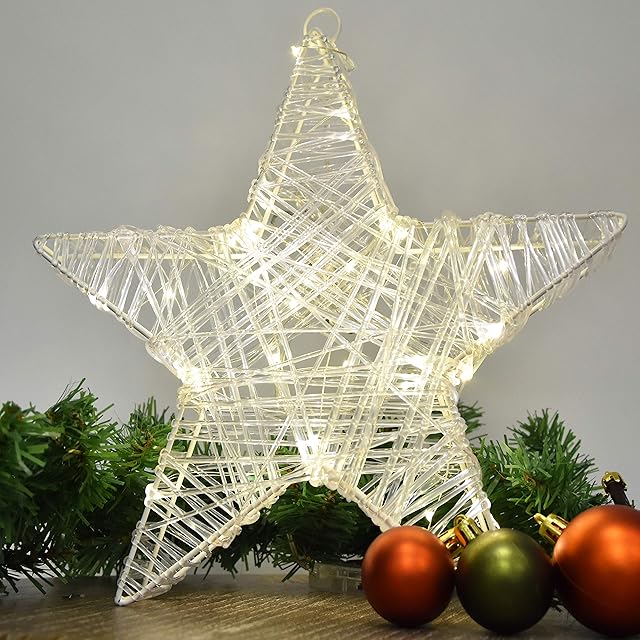 GEEZY 3D Effect Metal/Acrylic Pre-Lit LED Christmas Star with 30 Warm White Lights & Timer