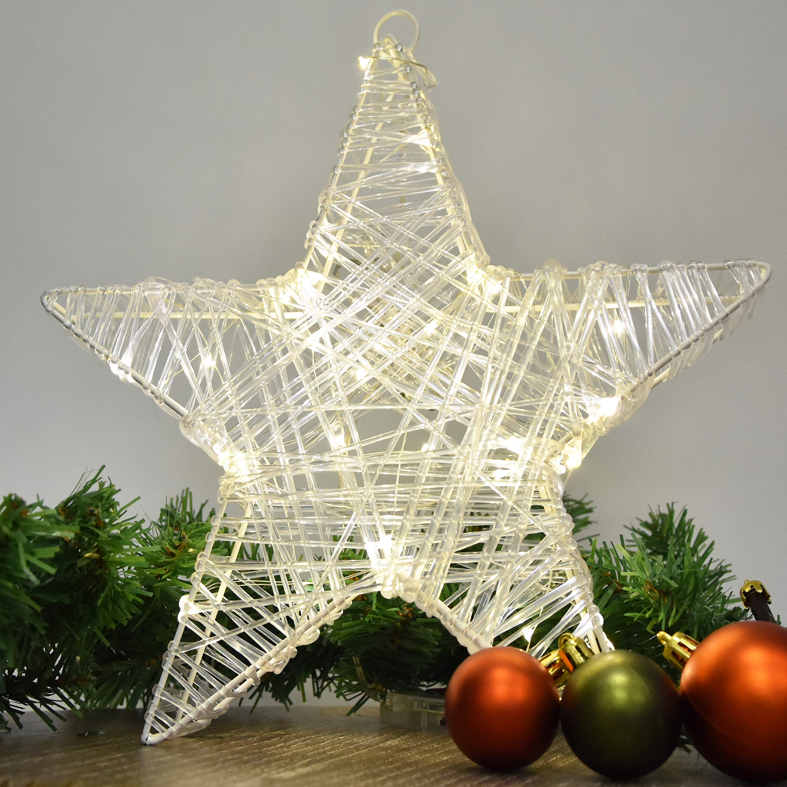 Geezy Warm White 3D Christmas Star Light Decoration, 30Cm - Battery Powered Indoor Xmas Ornament - 30 Pre-Lit Led Built-In Timer, Freestanding & Hanging Silhouette For Window, Table, Mantle, Wall