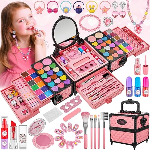 Juego de 99 piezas de maquillaje para niñas, juguetes de princesa, juego de cosméticos lavables con espejo, lazos para el cabello, uñas, anillos,