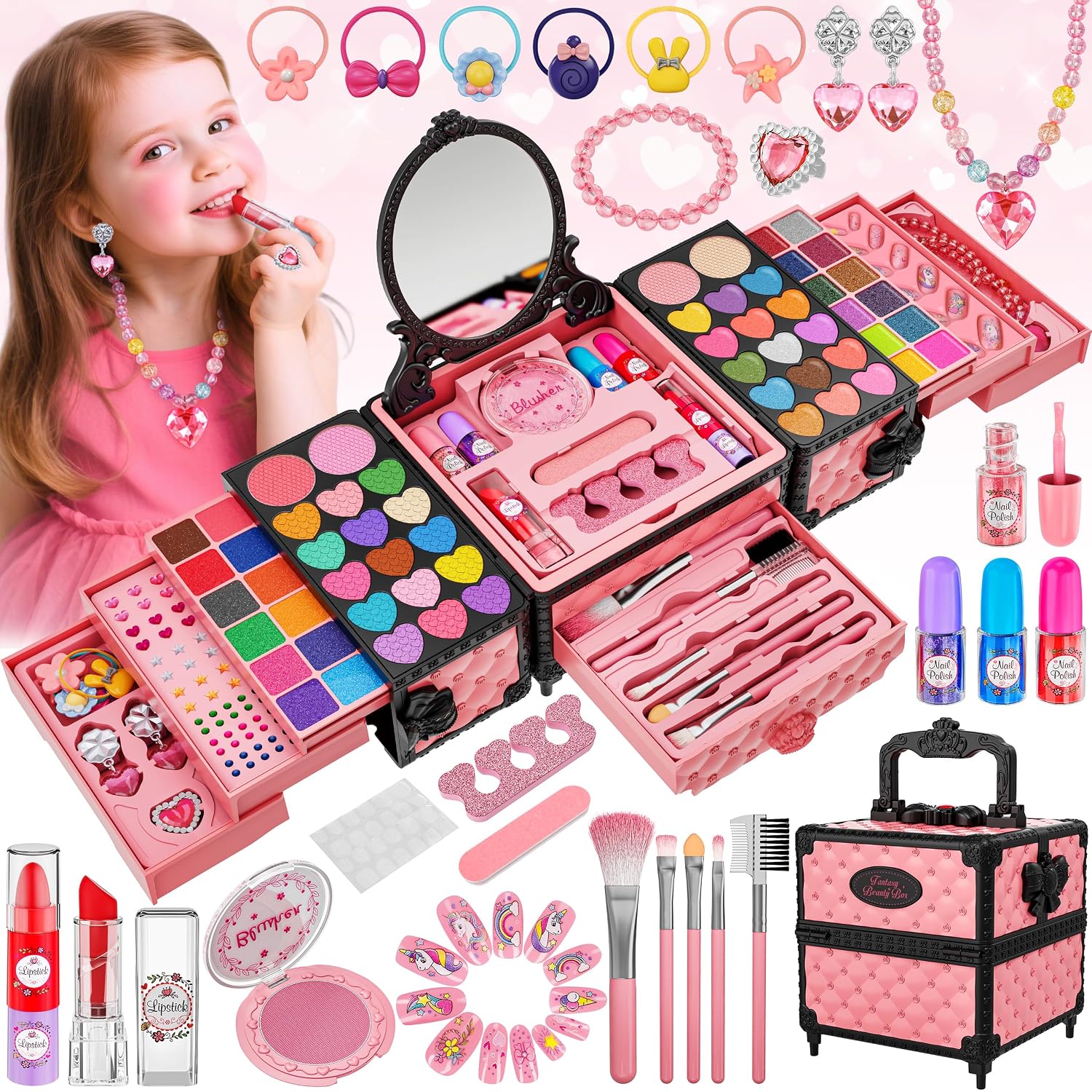 99 Pcs Kids Makeup Kit for Girls, Princess Toys Real Washable Cosmetics Set with Mirror, Hair Ties, Nails, Rings, Earrings, Necklace, Perfect for 3 4 5 6 7 8 Year Old Girls...