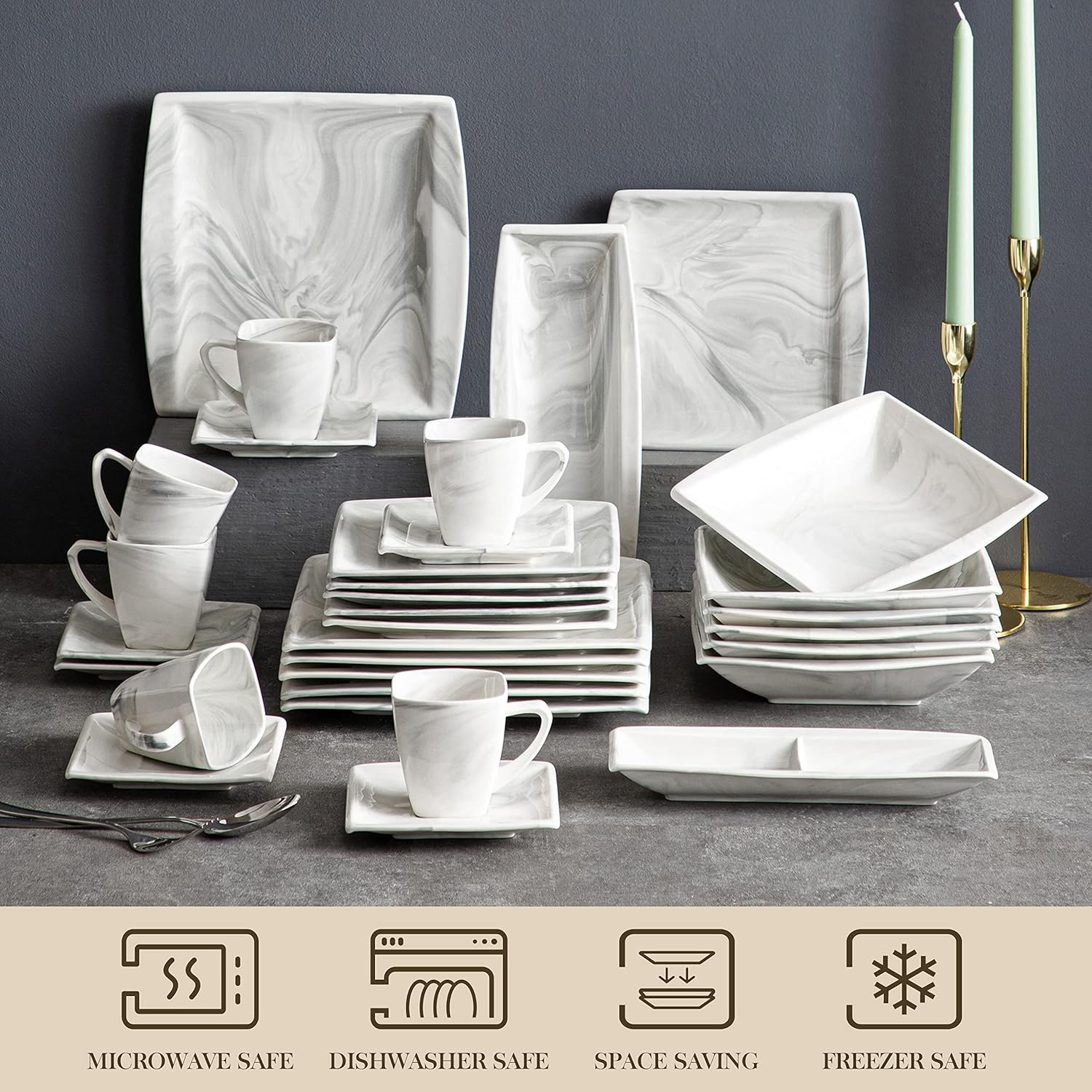 MALACASA Dinnerware Sets, 32 Pieces Porcelain Plates and Bowls Sets for 6, Marble Grey Dishes with Plates and Bowls, Cups and Saucers, Side Dish Plates, Square Dinner Set, Series Blance
