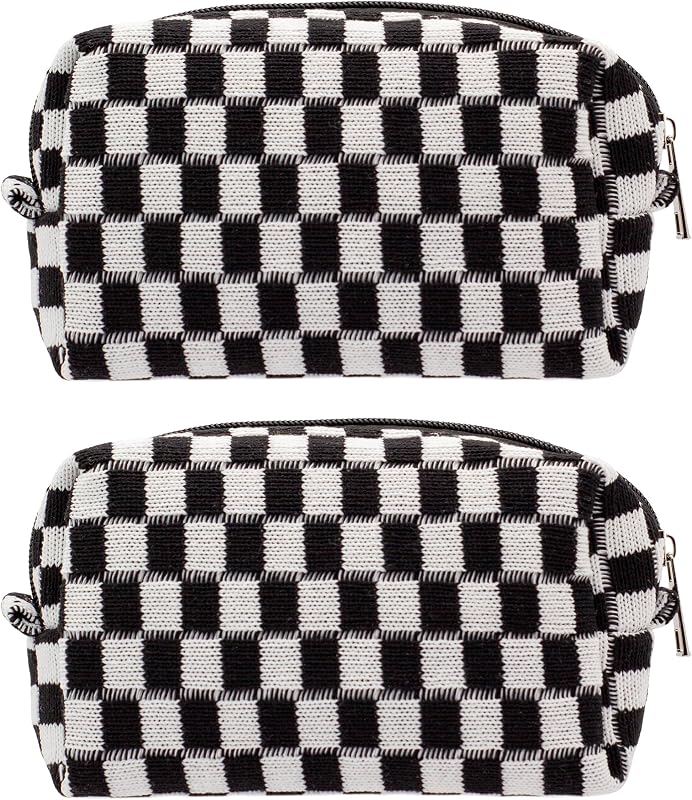 Necessaire de maquiagem xadrez PAZIMIIK preta, Pacote com 2