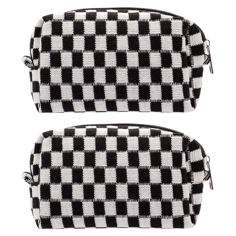 PAZIMIIK Checkered Makeup Bag for Purse Portable Zipper Make Up Pouch Small Cosmetic Case for Travel Accessories (2PCS Black)