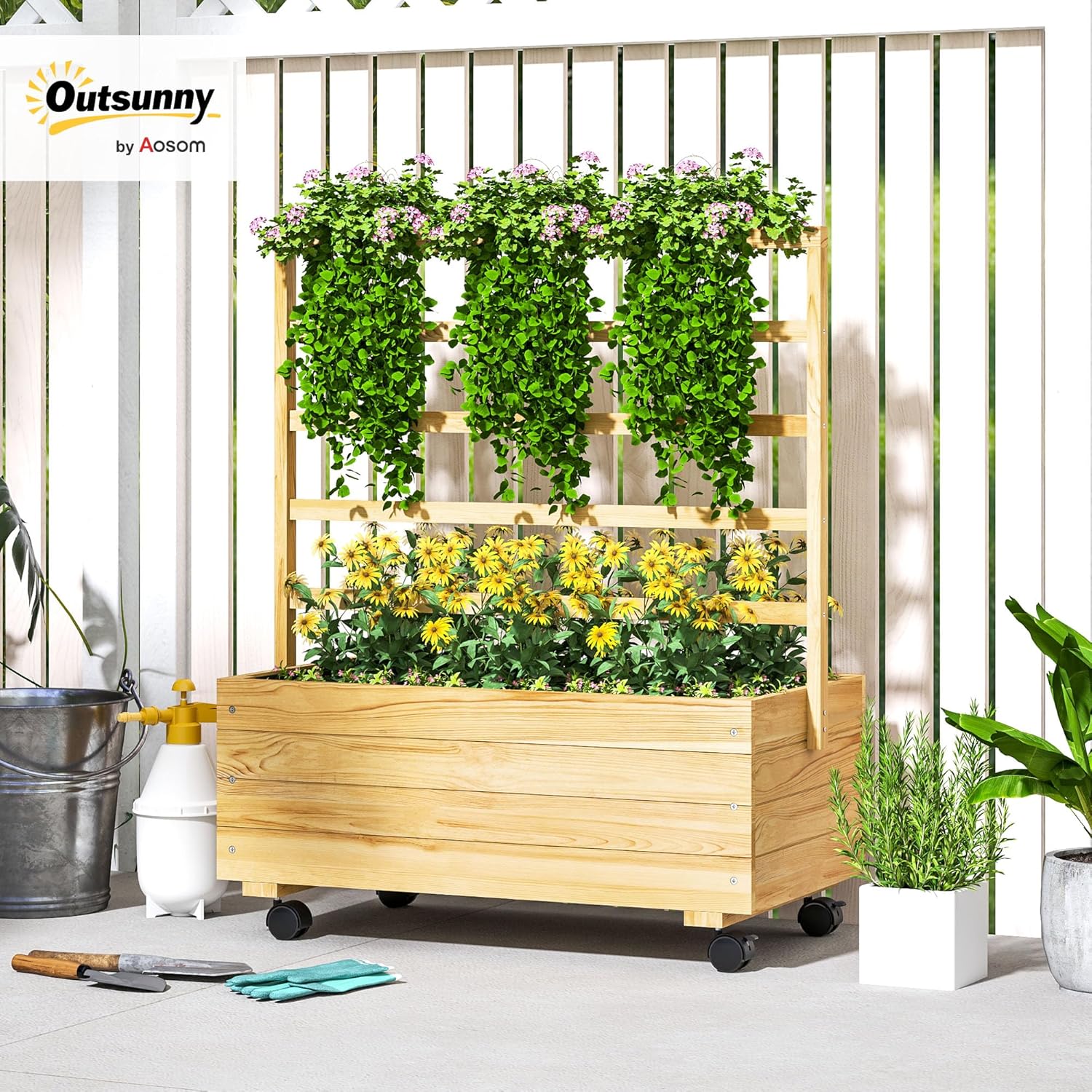Outsunny Raised Garden Bed with Trellis and Wheels, Outdoor Wooden Elevated Planter Box, Freestanding Raised Flower Bed for Climbing Plants, Flowers, Herbs and Vegetables, Natural