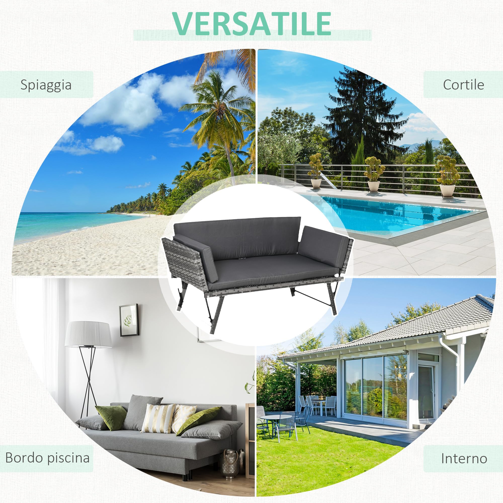 Outsunny Divano 2 Posti con Braccioli Estensibili da Giardino Rattan 129x63x67cm Grigio