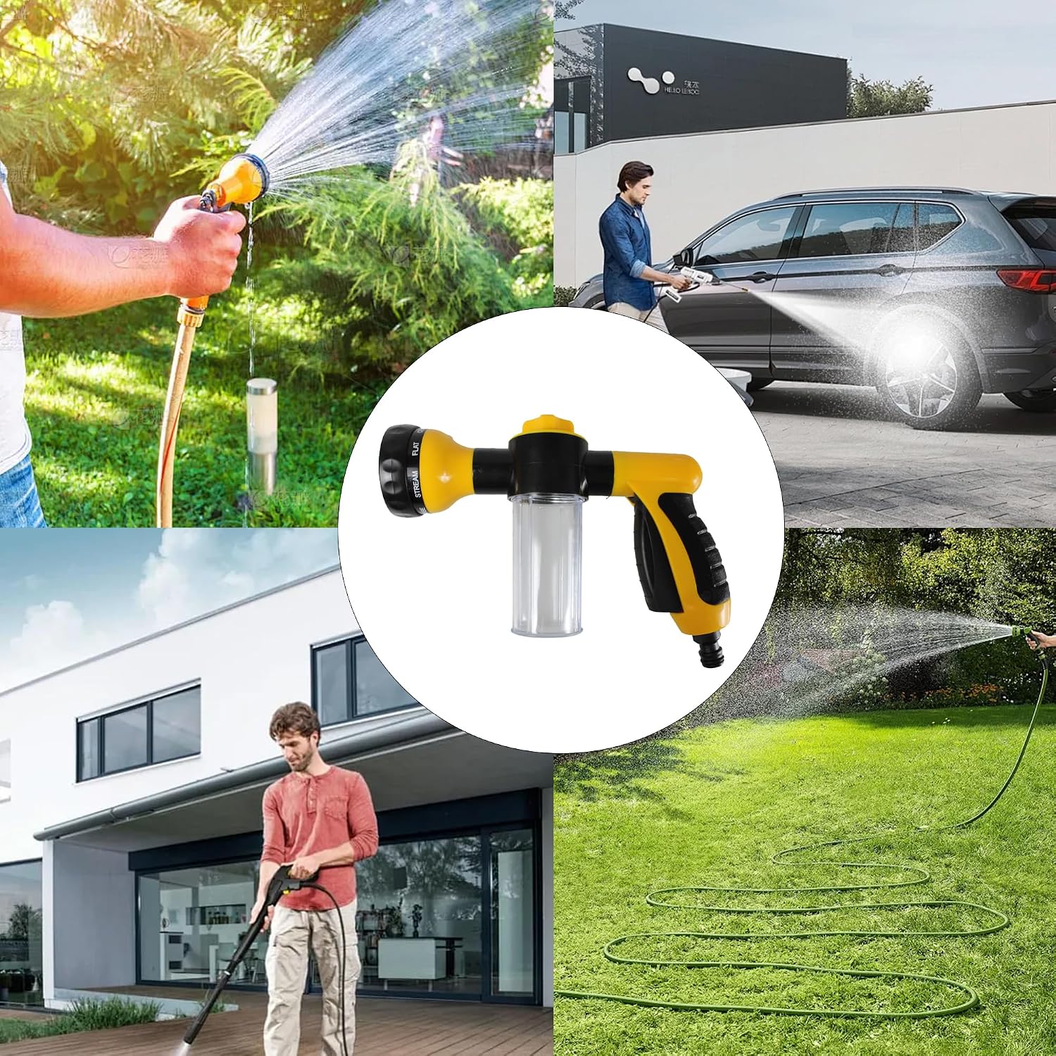 Car Wash Brush Foam Gun,High-Pressure Garden Hose Nozzle With 8 Spray Patterns & 3.5OZ Soap Dispenser - Ideal For Lawn,Car Wash,Cleaning,Patio(Yellow)