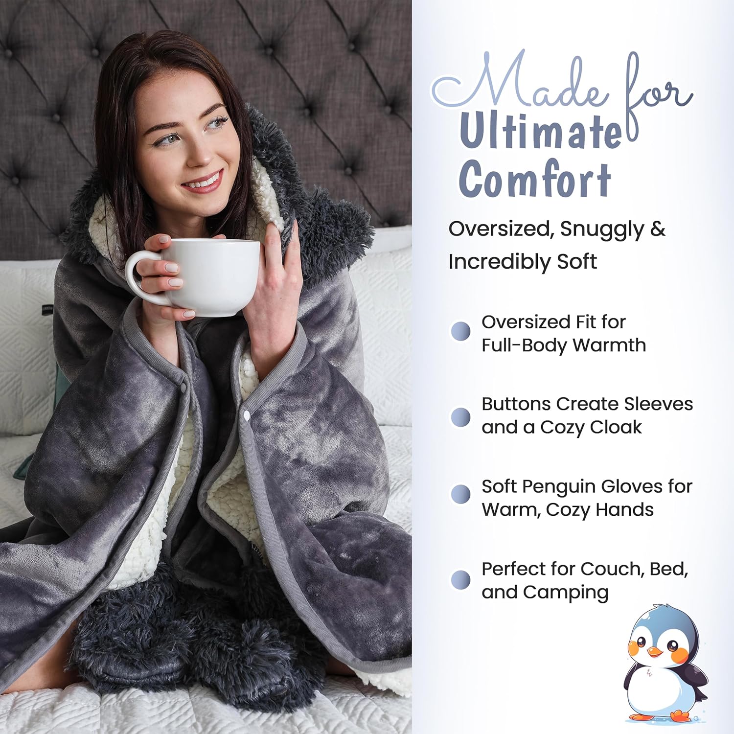 Penguin Wearable Hooded Blanket - Warm & Cozy Oversized Blanket Hoodie with Hand Gloves- Soft Plush Premium Sherpa and Flannel Fleece Hoodie Blanket - Penguin Gifts for Women Adults and Kids - Image 4