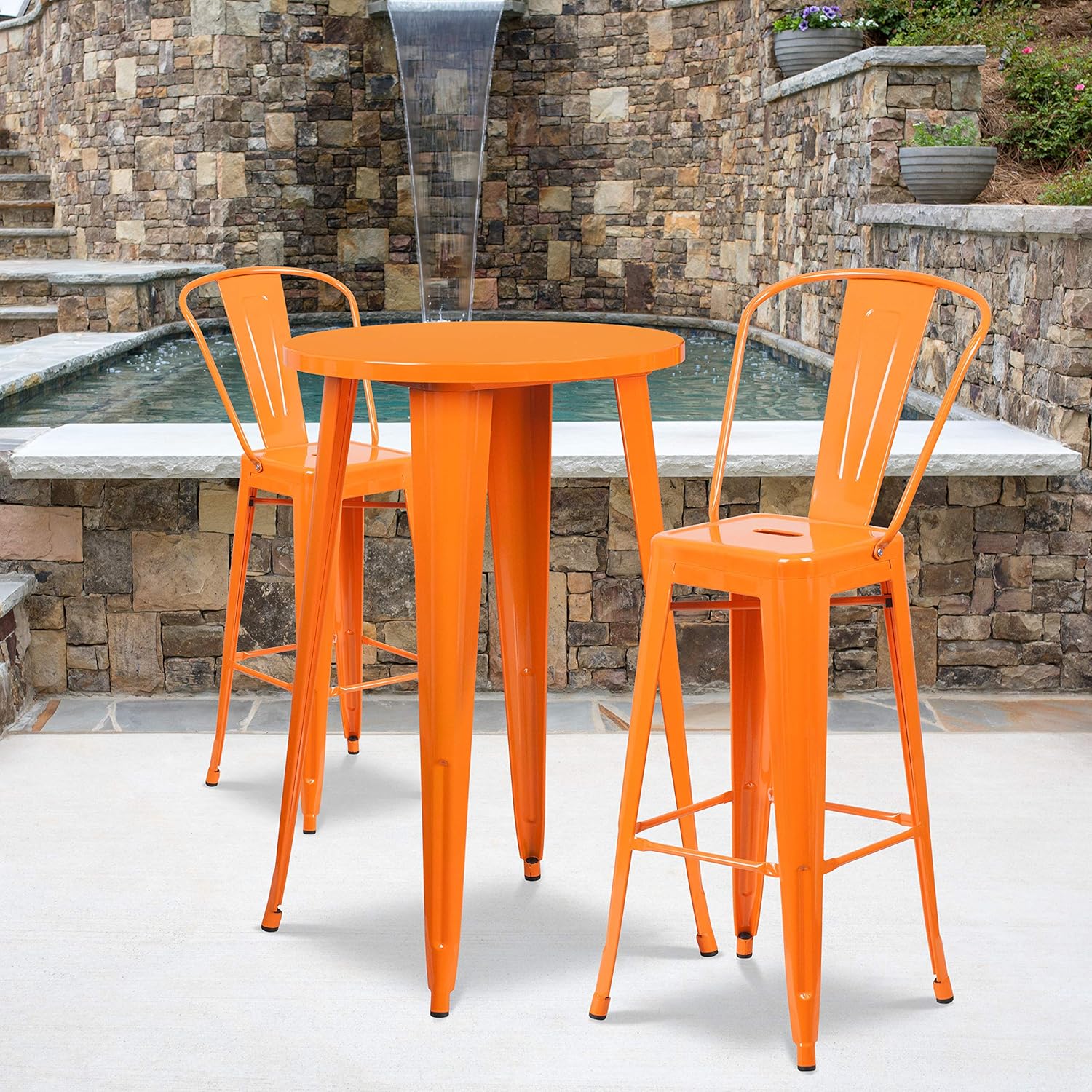 BizChair Commercial 24 Round Orange Metal Indoor-Outdoor Bar Table Set-2 Cafe Stools