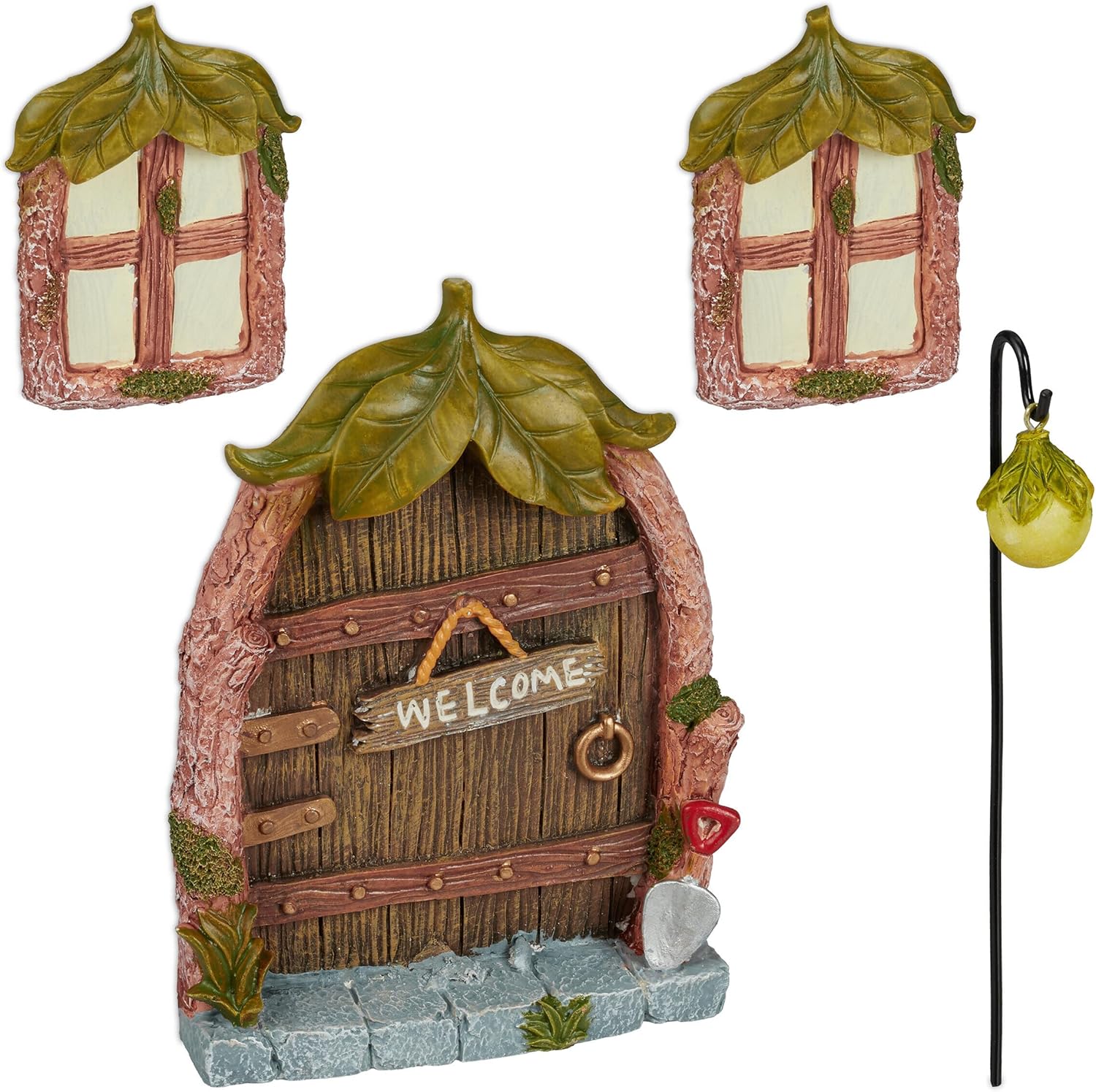 Relaxdays Fairy Garden Set: 2 Windows, 1 Lantern, 1 Door, Weatherproof Outside Decoration, Artificial Stone, Colourful