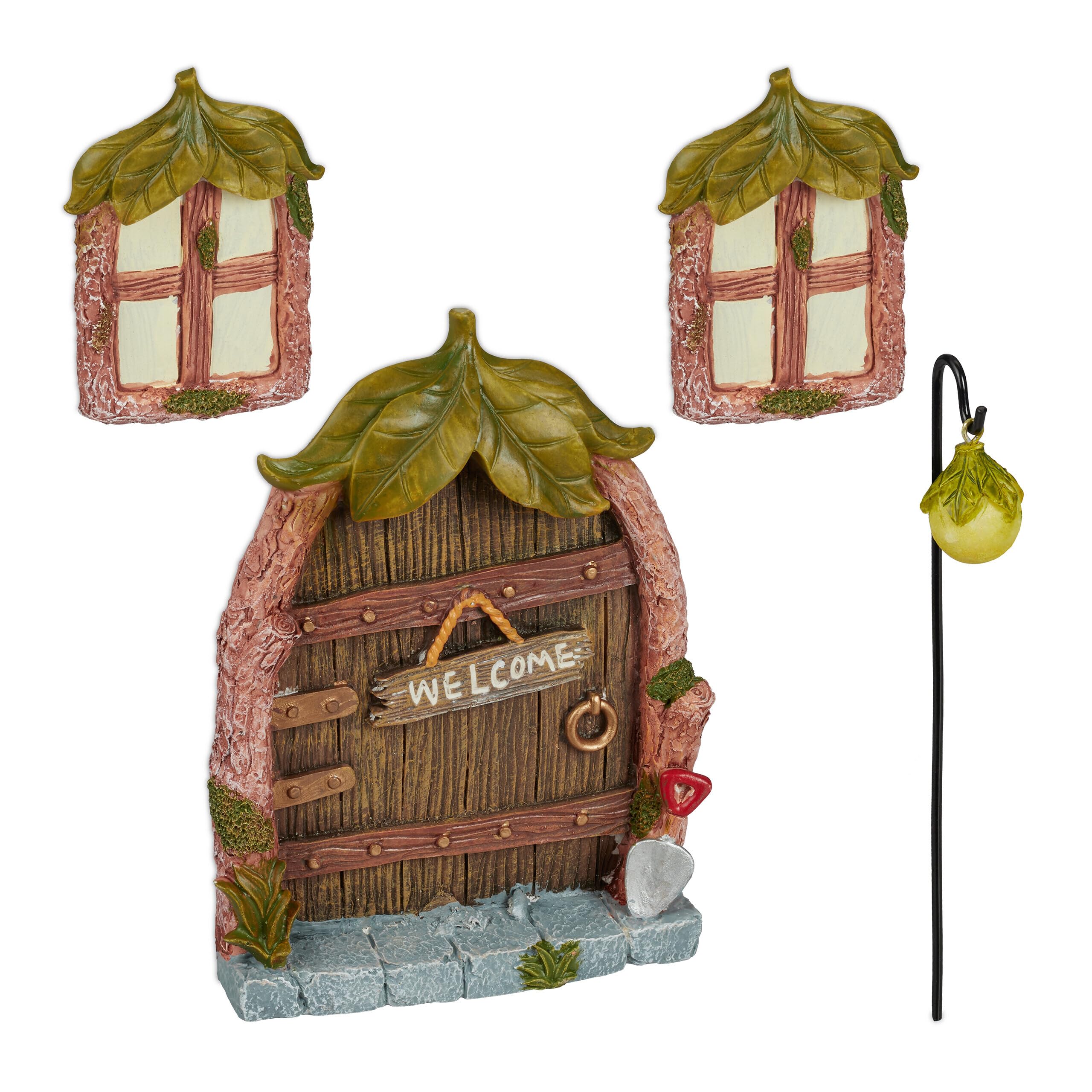 Relaxdays Decoración Árbol Puerta Hadas, Set de 4 Piezas, 2 Ventanas, 1 Farol, Resistente a la Intemperie, Multicolor