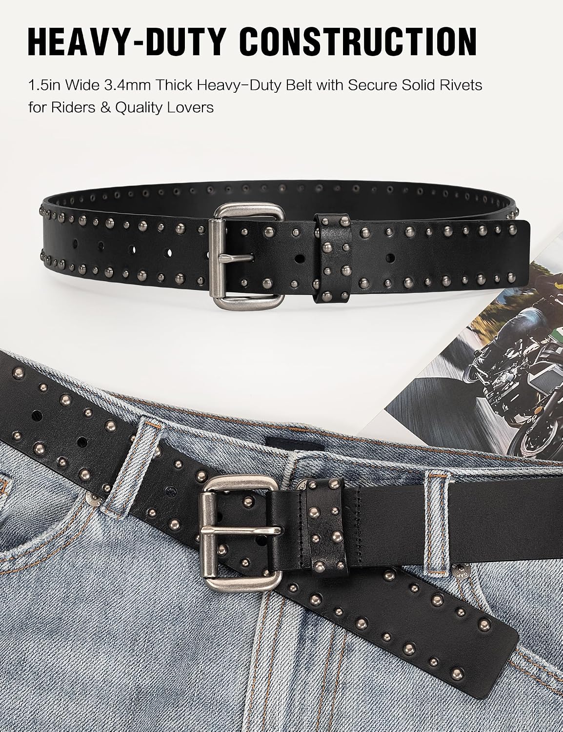 1.5" Genuine Leather Punk Studded Belt For Men Women