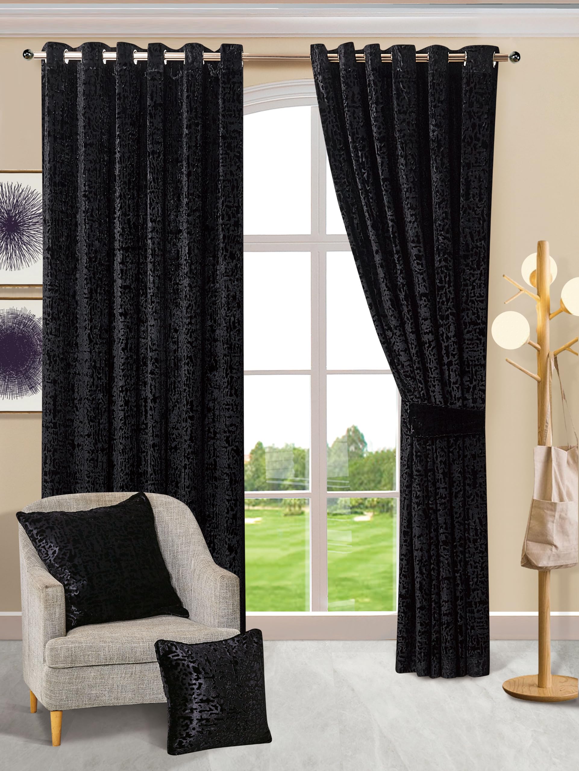 Best Linen Crushed Velvet Curtains for Living Room, Bed Room, Home & Office Ring Top Curtains Pair Panels Santiago Modern Drapes (W 46 X L 54, Black)