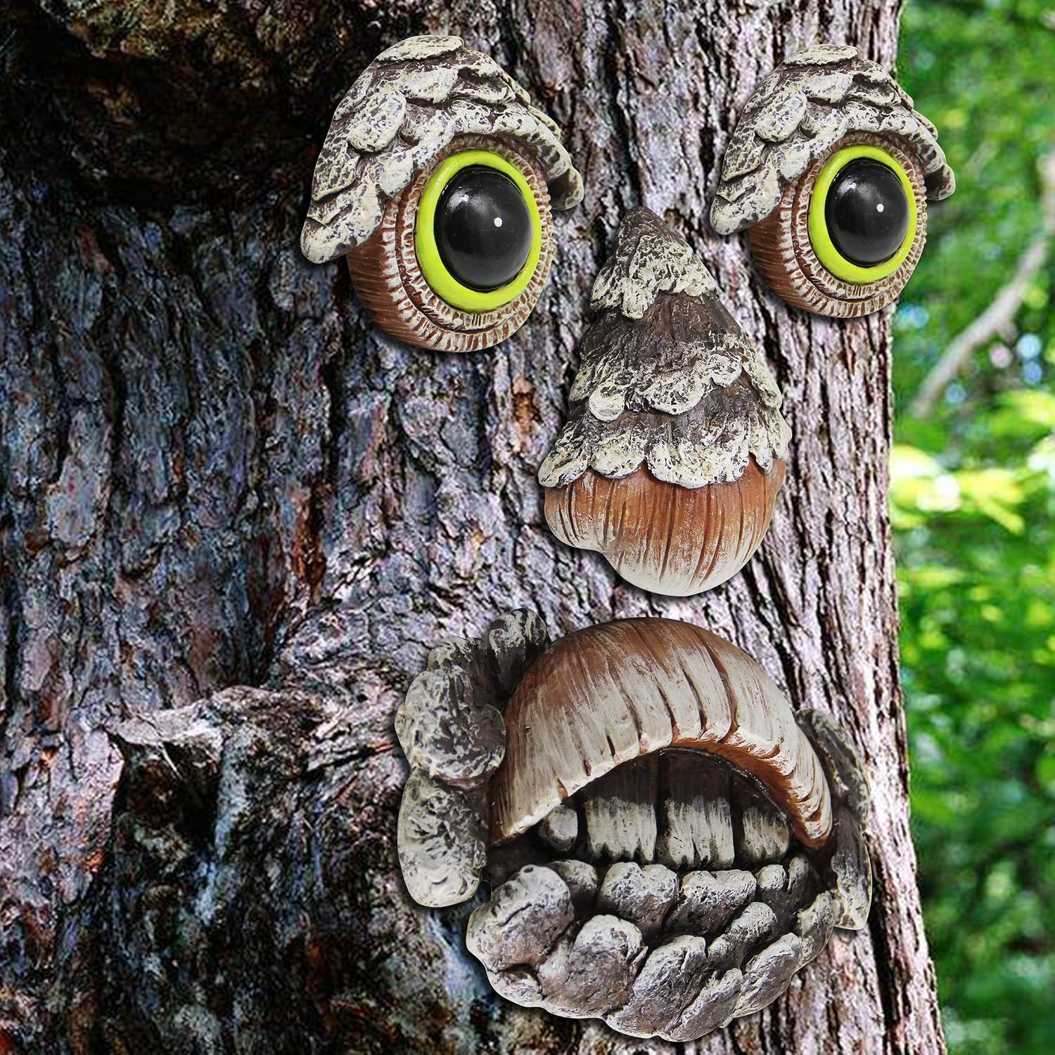Zcaukya Tree Face Decor Glow Eyes in Dark, Fun Old Man Tree Sculpture Outdoor Yard Art Garden Decorations, 4 Pieces