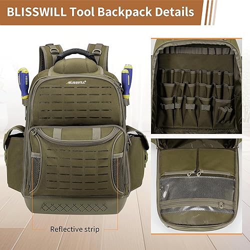 Miniatura 7 de BLISSWILL Mochila de herramientas para hombres, mochila de herramientas resistente con base moldeada impermeable, 62 bolsillos40 bucles bolsas