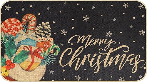 Sawowkuya Felpudo con texto en inglés Merry Door, 17 x 29 pulgadas, tapete antideslizante para interiores, tapete rojo de Navidad para interiores y