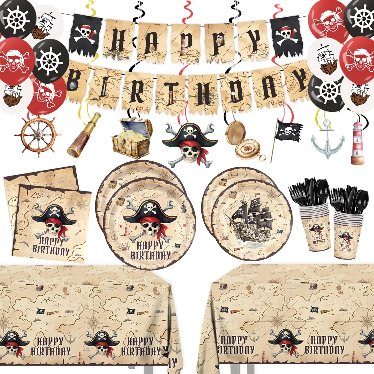 203pcs Pirate Birthday Party Supplies Pirate Plates Napkins Disposable Tableware Set Paper Cups Banner Tablecloths Hanging Swirls Ballons Party Decorations for Kids Boys Birthday Decor 24 Guests