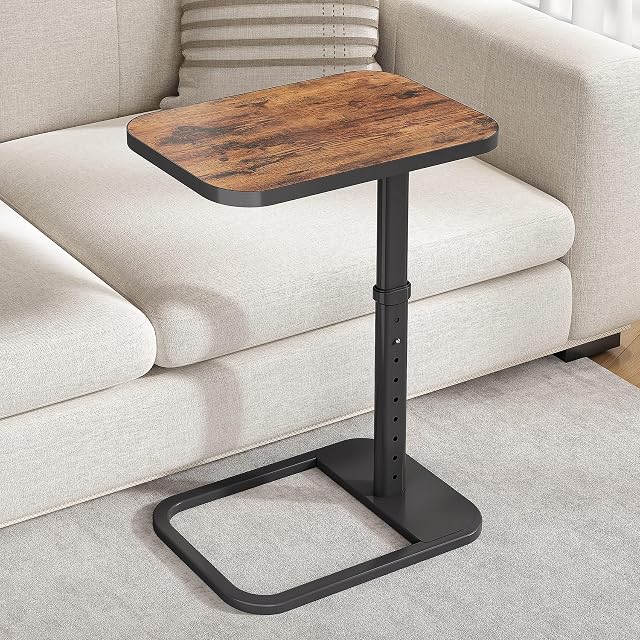 Kitstorack TV Tray Table, Adjustable Height & 90° Flip-Over Panel Design, Sofa Arm End Side Table for Eating Laptop Couch Bed Dinner or Small Spaces (Rustic Brown,Black)