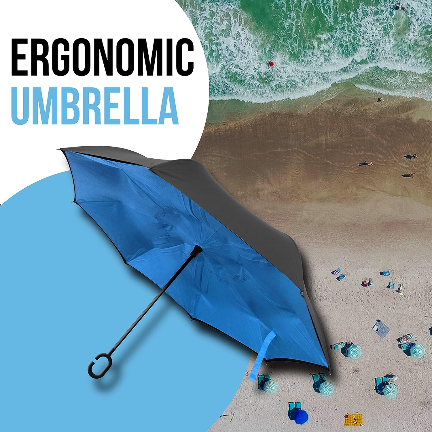BetterBrella Windproof Double Layer Folding Inverted Umbrella, Upside-Down Rain Protection Car Reverse Umbrellas with C-Shaped Handle in Blue As Seen On TV
