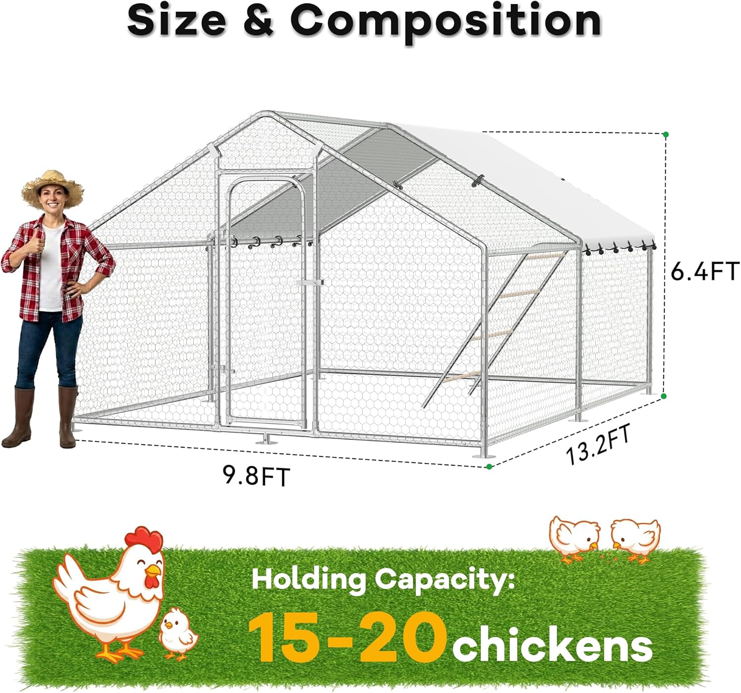 Large Metal Chicken Coop with Roosting Perch, Waterproof and UV-Resistant Cover, Outdoor Walk-in Cage Hen House for Yard Farm Rabbit Duck Chicken Run Spire Roof (10’ W x 13.2’ L x 6.4’ H)
