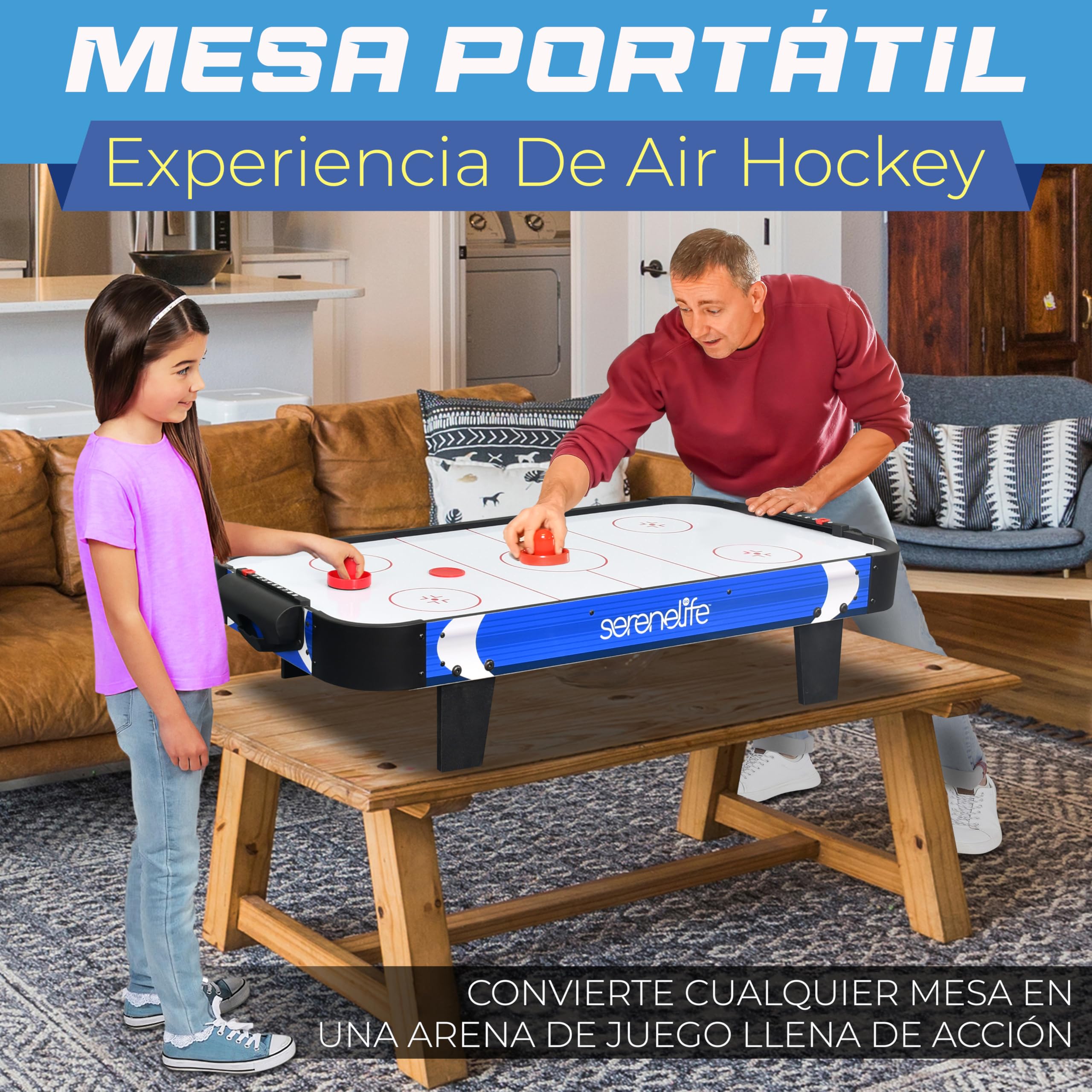 Serenelife Mesa de Hockey de Aire, Motor Dos Veces mas Fuerte, Marcador de Puntos LED Digital, Dispensador de Discos y Accesorios