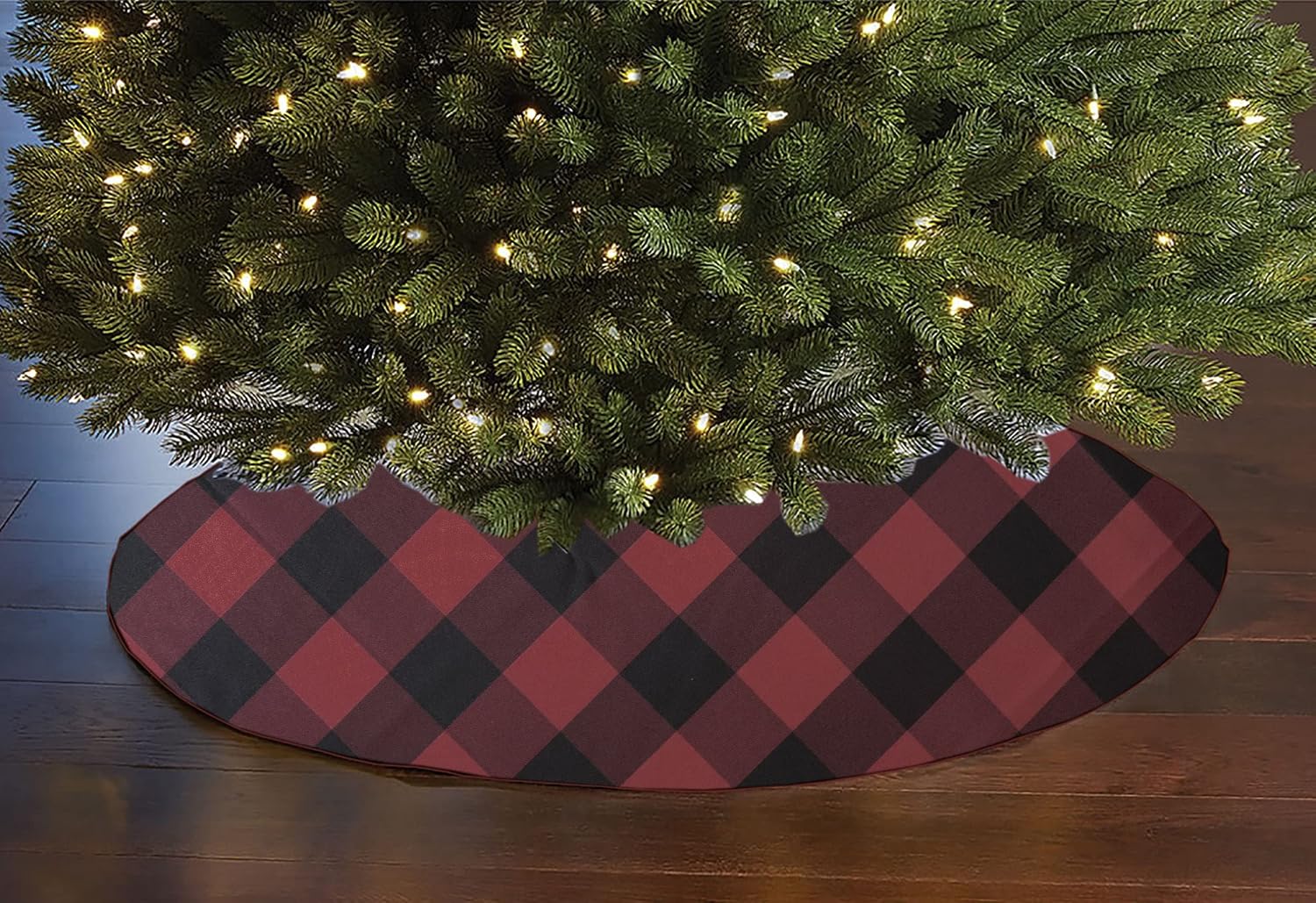 Lovemyfabric 2 Inch Buffalo Checkered Plaid Christmas Tree Skirt 58" Round (Black and Red)
