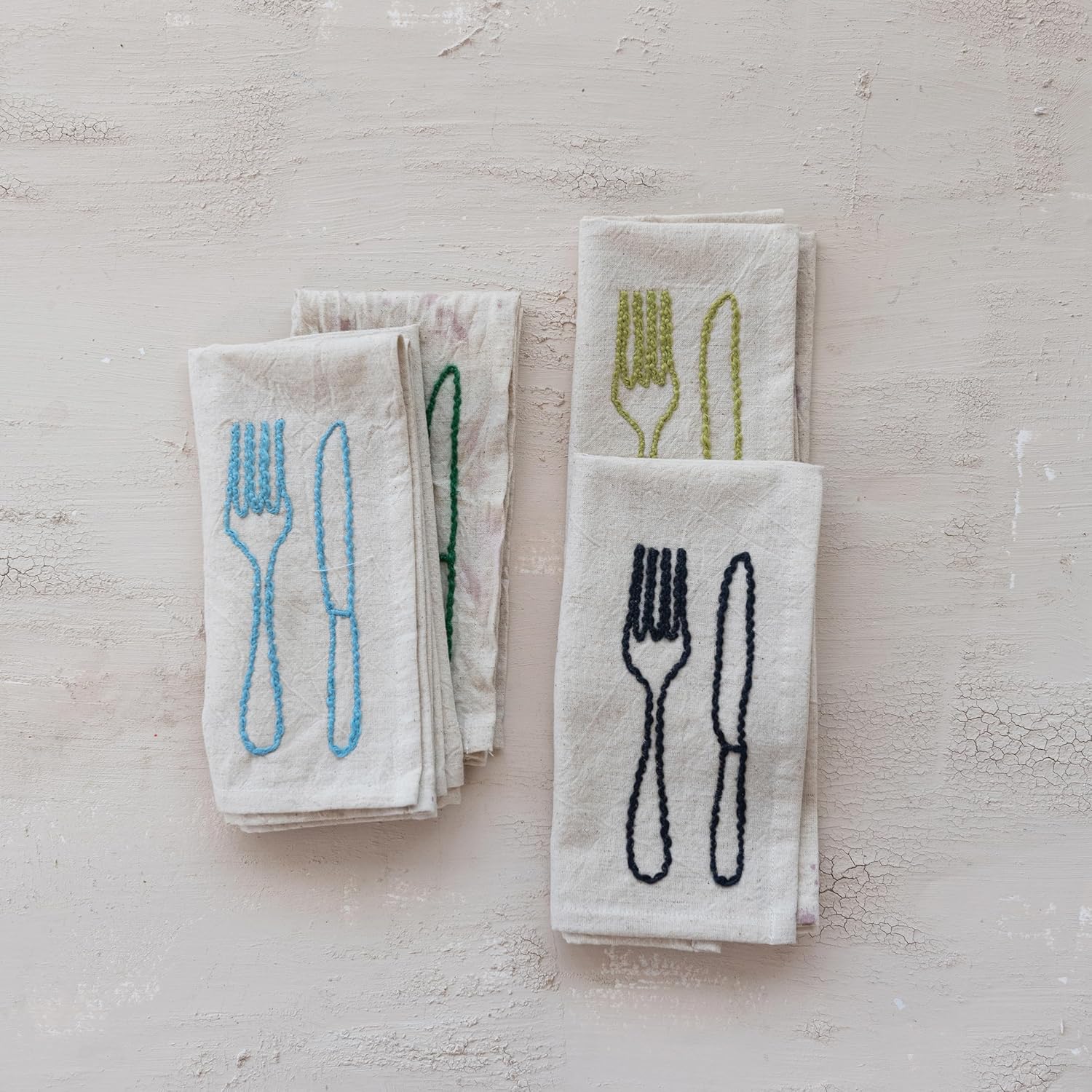 Creative Co-Op 4-Piece Square Cotton and Linen Embroidered Napkins with Utensils, Natural