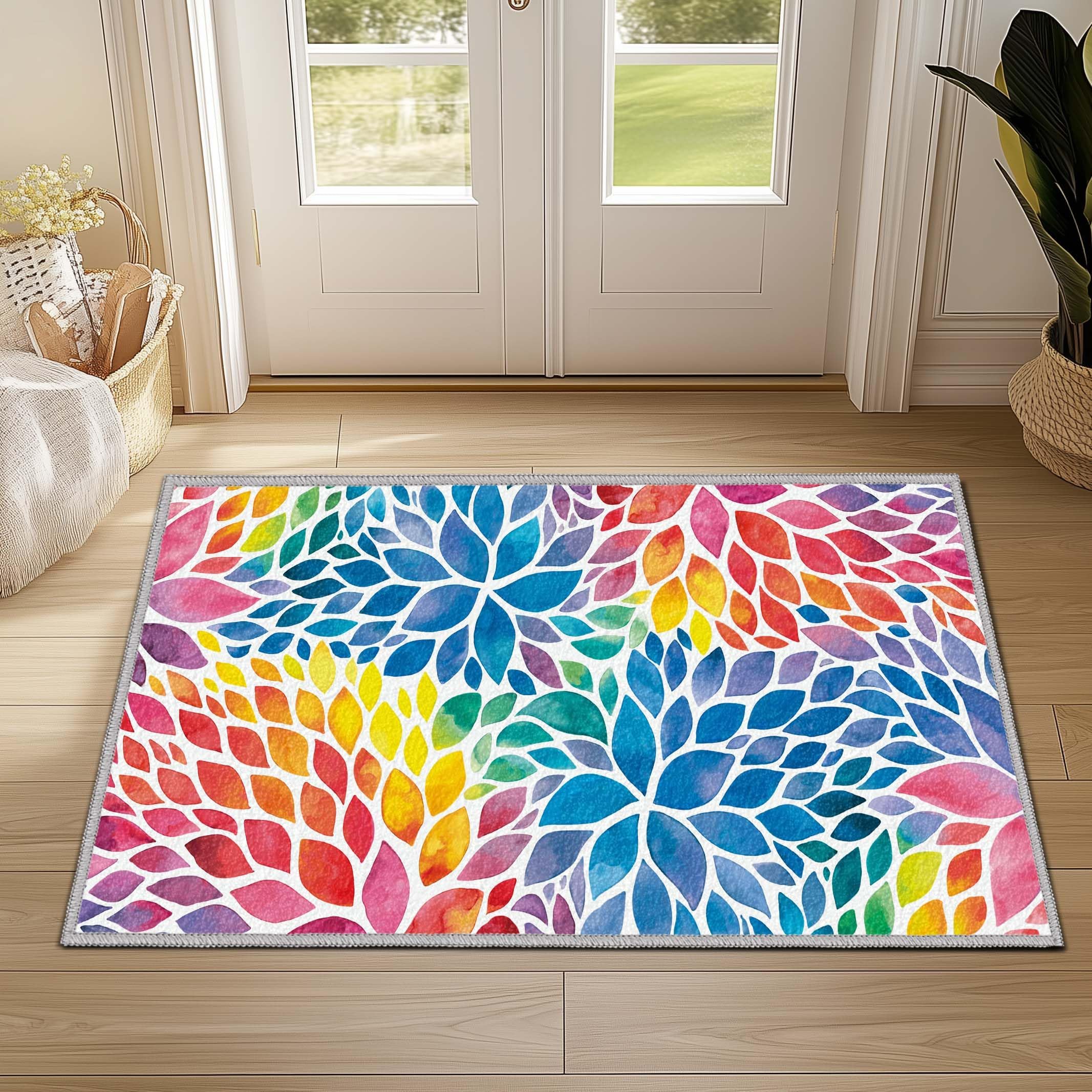Abstract Rainbow Small Area Rug 2x3 Entryway Rug Colorful Dahlia Multicolor Floral Throw Rugs, Non-Slip Machine Washable Indoor Door Mat Entrance