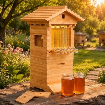 Beehive Starter Kit with Observation Window, Self-Flowing Wooden Beehive with Frames and Trays, Complete Starter Kit for Backyard Beekeeping and Garden Pollination