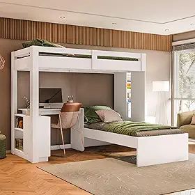Beliche Office Adulto Moon com Escrivaninha em L Nichos e Escada 2 Portas e 2 Gavetas Branco