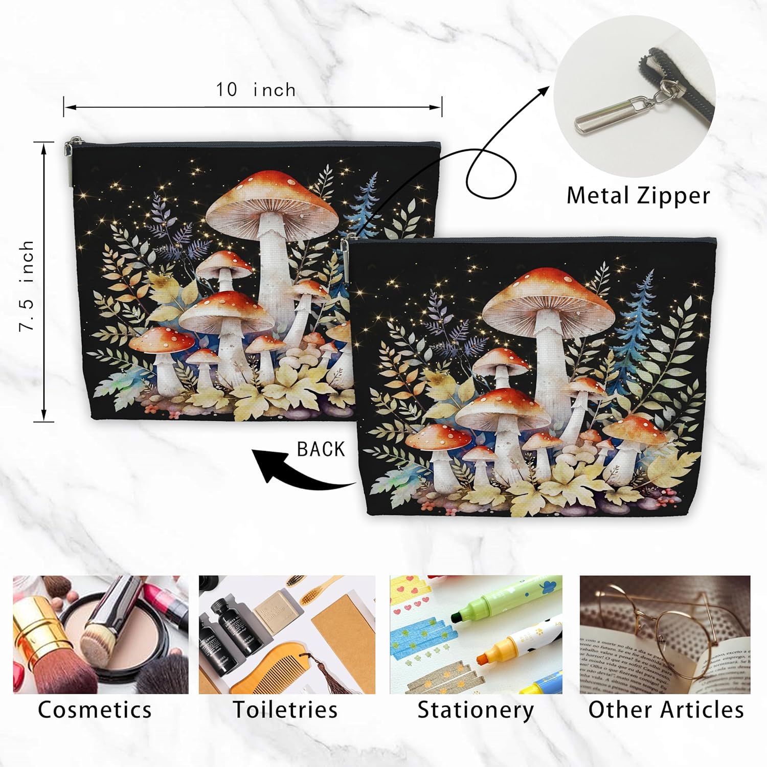 Mushroom Makeup Bag for Women, Watercolor Forest Linen Cosmetic Pouch - Enchanted Nature Organizer, Boho Gift for Her, Birthday Fantasy Essential - Image 2