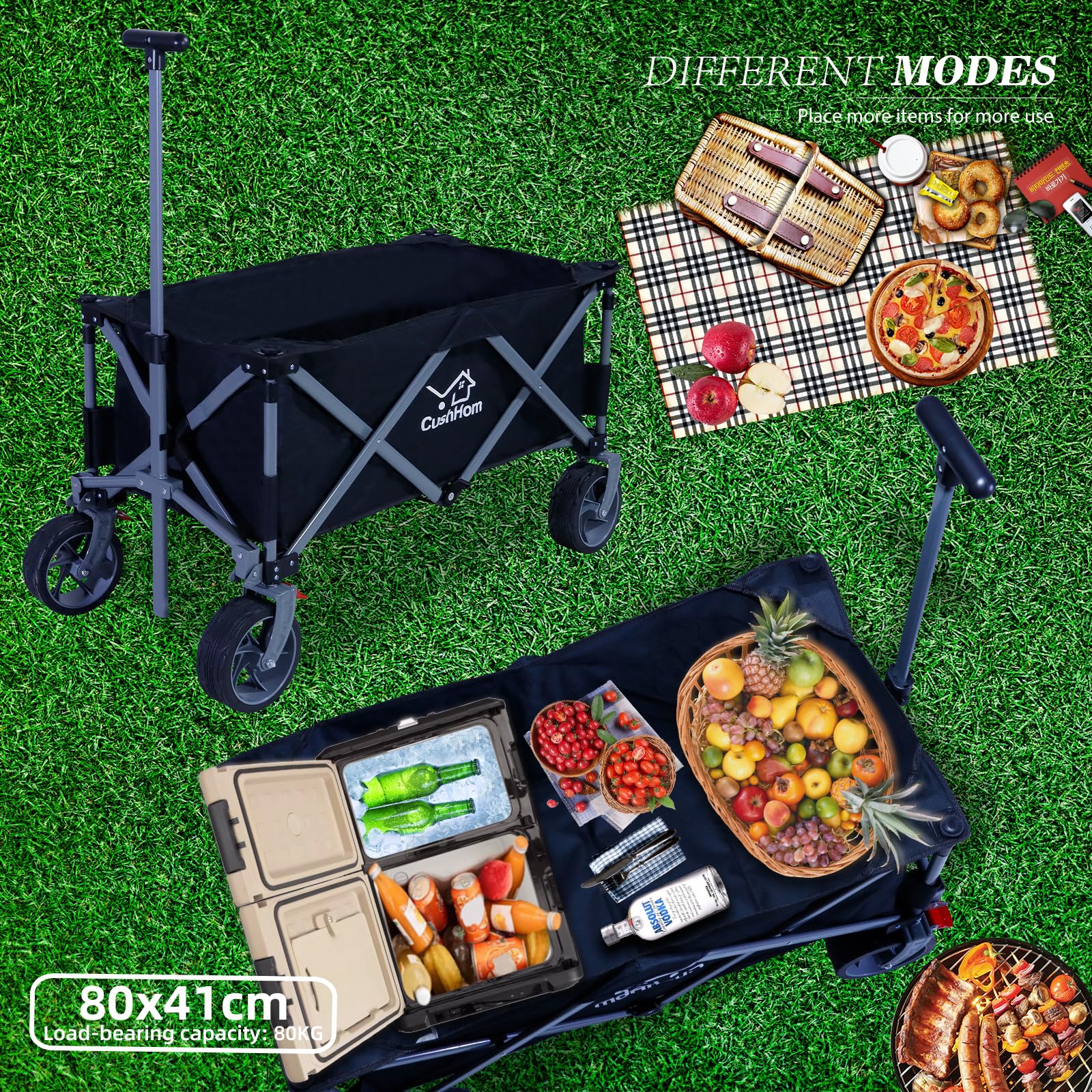 CCLIFE Chariot de Transport Pliable 80kg Chariot Pliant à roulettes Larges Tout Terrain pour Sport, Shopping, Camping Noir