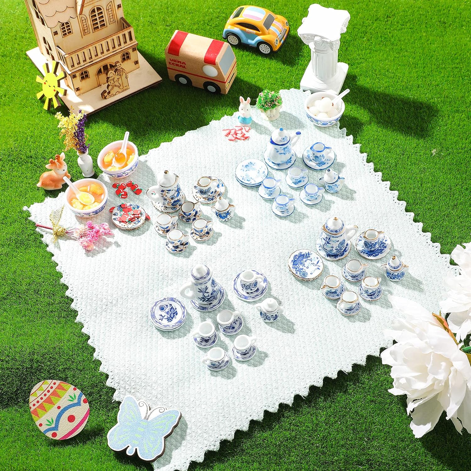 60 Pieces 1:12 Scale Miniatures Dollhouse Porcelain Tea Cup Set, Flower Pattern, Plum Blossom, Red Rose Teapot Cup Set Porcelain Accessories(Elegant Porcelain Series)
